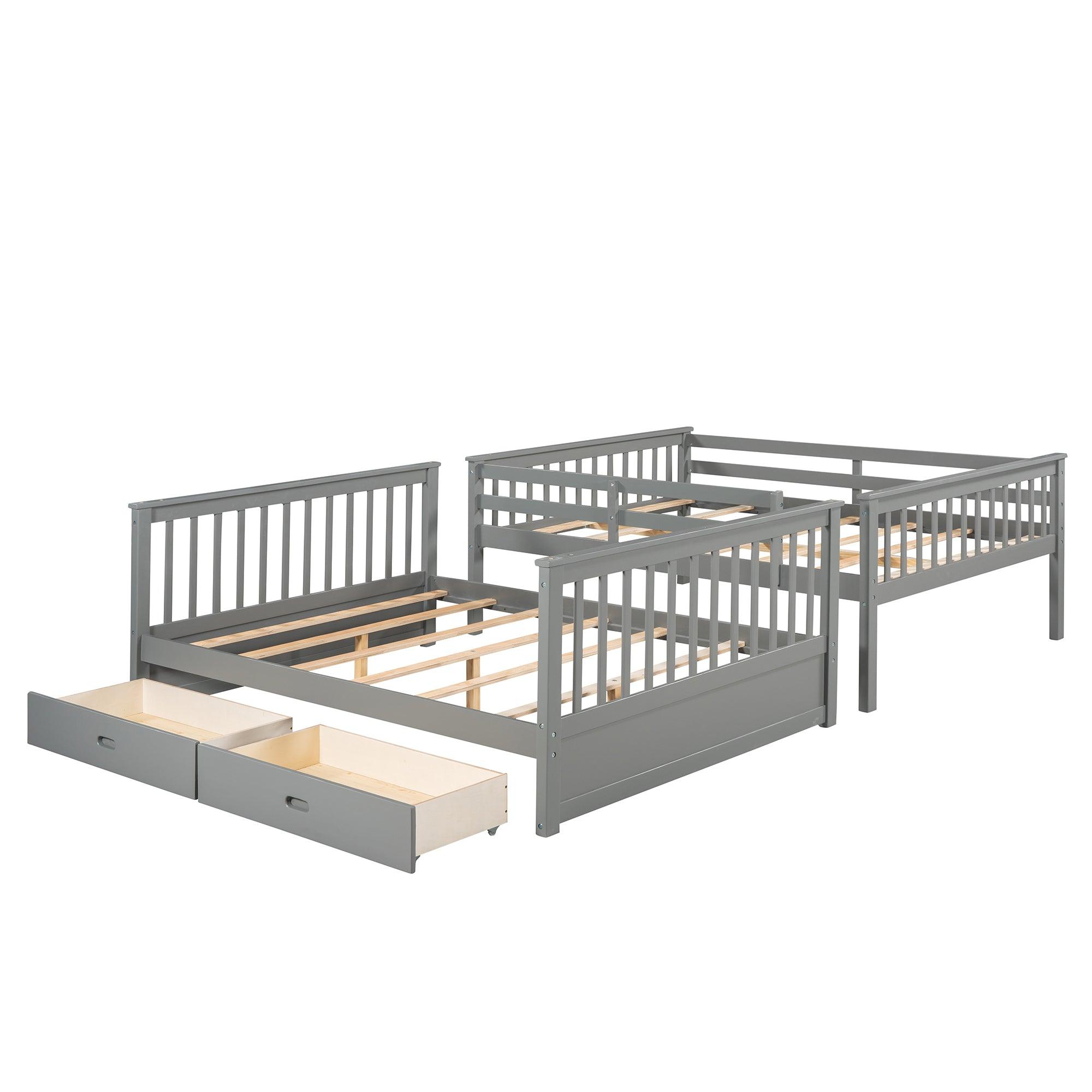 Full-Over-Full Bunk Bed with Ladders and Two Storage Drawers (Gray)