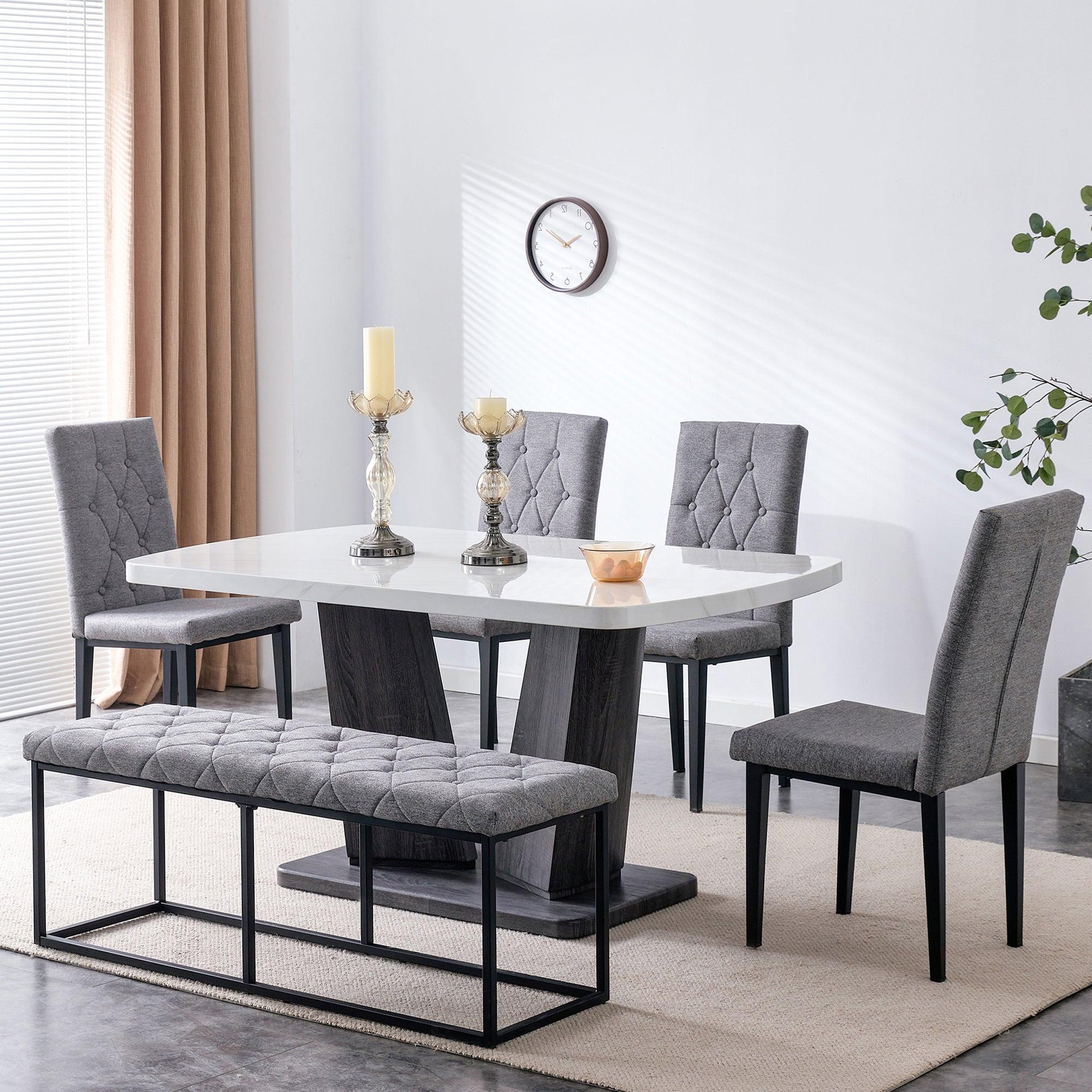 🆓🚛 63" Modern Style 6-Piece Dining Table With 4 Chairs & 1 Bench, Table With Marbled Veneers Tabletop & V-Shaped Table Legs, White