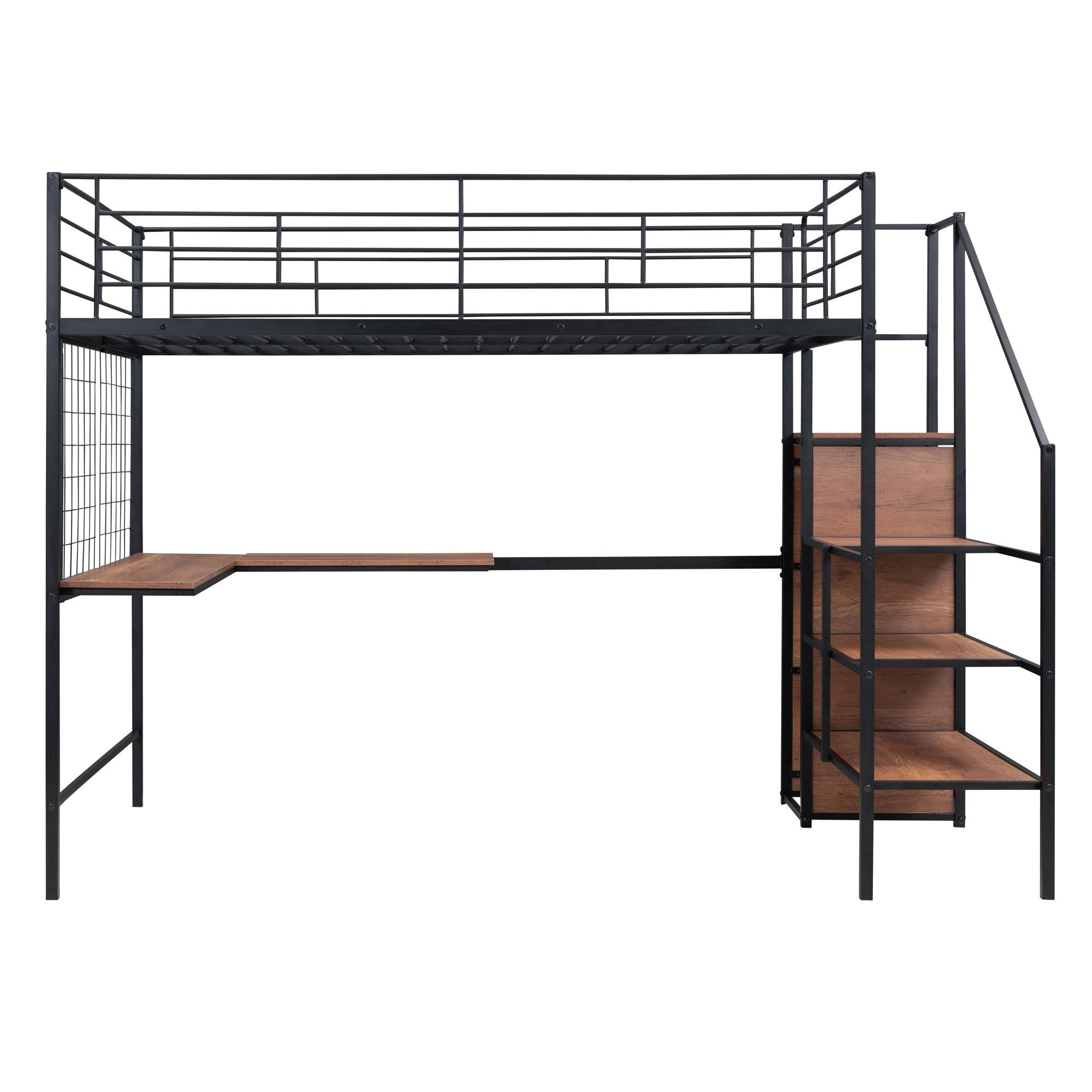 Full Size Metal Loft Bed with Desk and Metal Grid, Stylish Metal Frame Bed with Lateral Storage Ladder and Wardrobe, Black