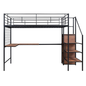 Full Size Metal Loft Bed with Desk and Metal Grid, Stylish Metal Frame Bed with Lateral Storage Ladder and Wardrobe, Black