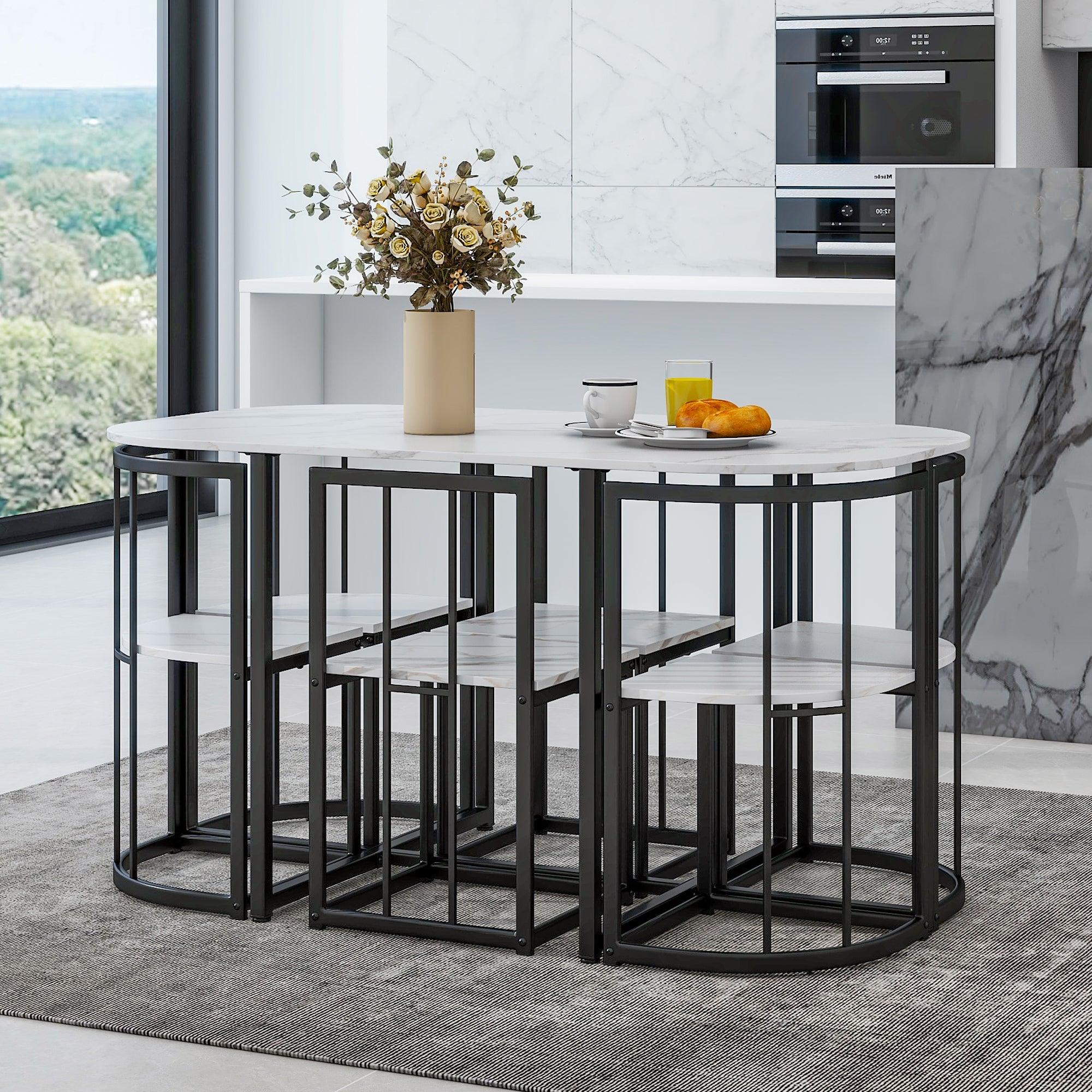 🆓🚛 Modern 7-Piece Dining Table Set With Faux Marble Compact 55" Kitchen Table Set for 6, Black+White