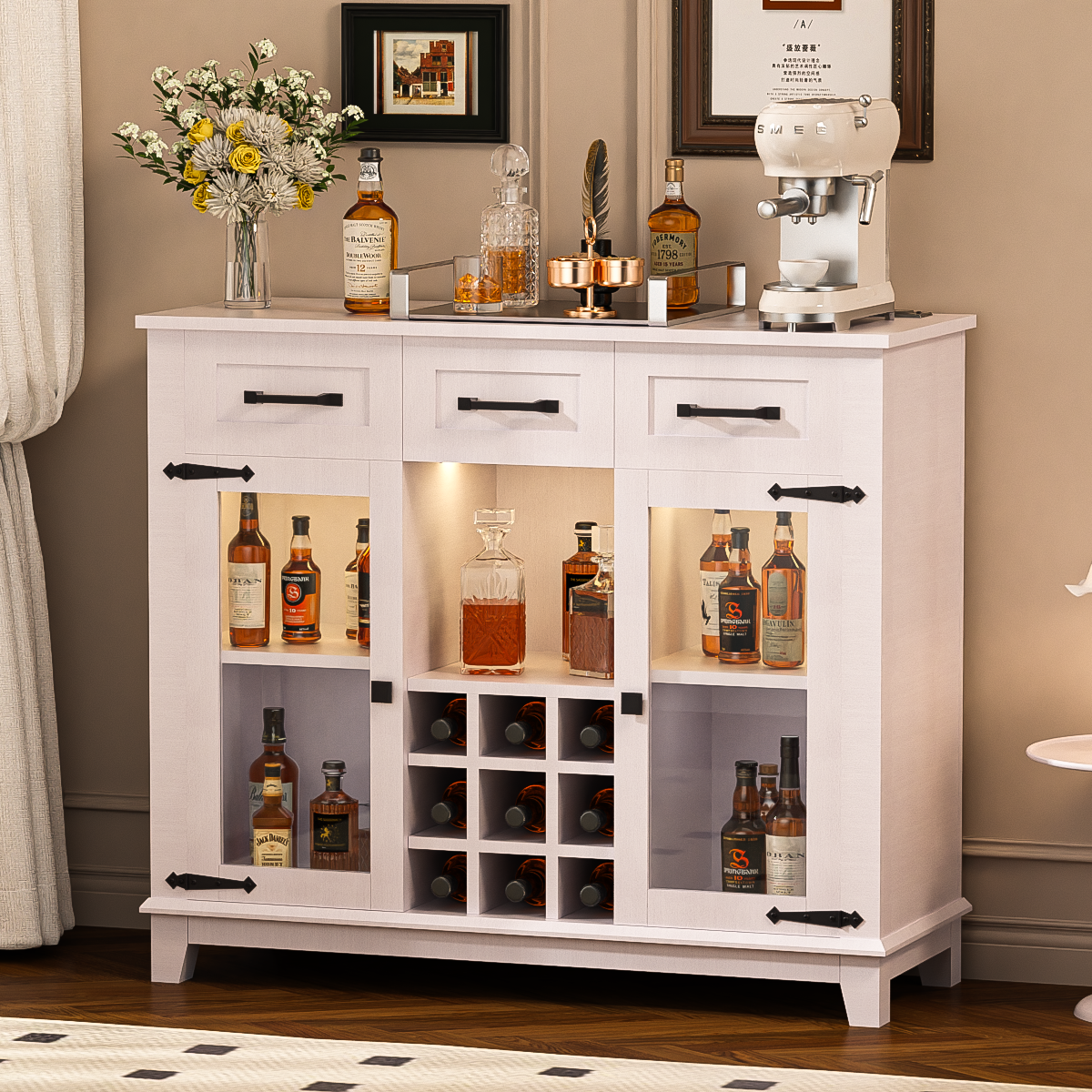 42" Modern Farmhouse Sideboard Buffet Coffee Bar Cabinet Storage Cabinet with LED Charging Station, Wine & Glass Rack, 3 Drawers, for Kitchen, Dining Room, Living Room Antique White