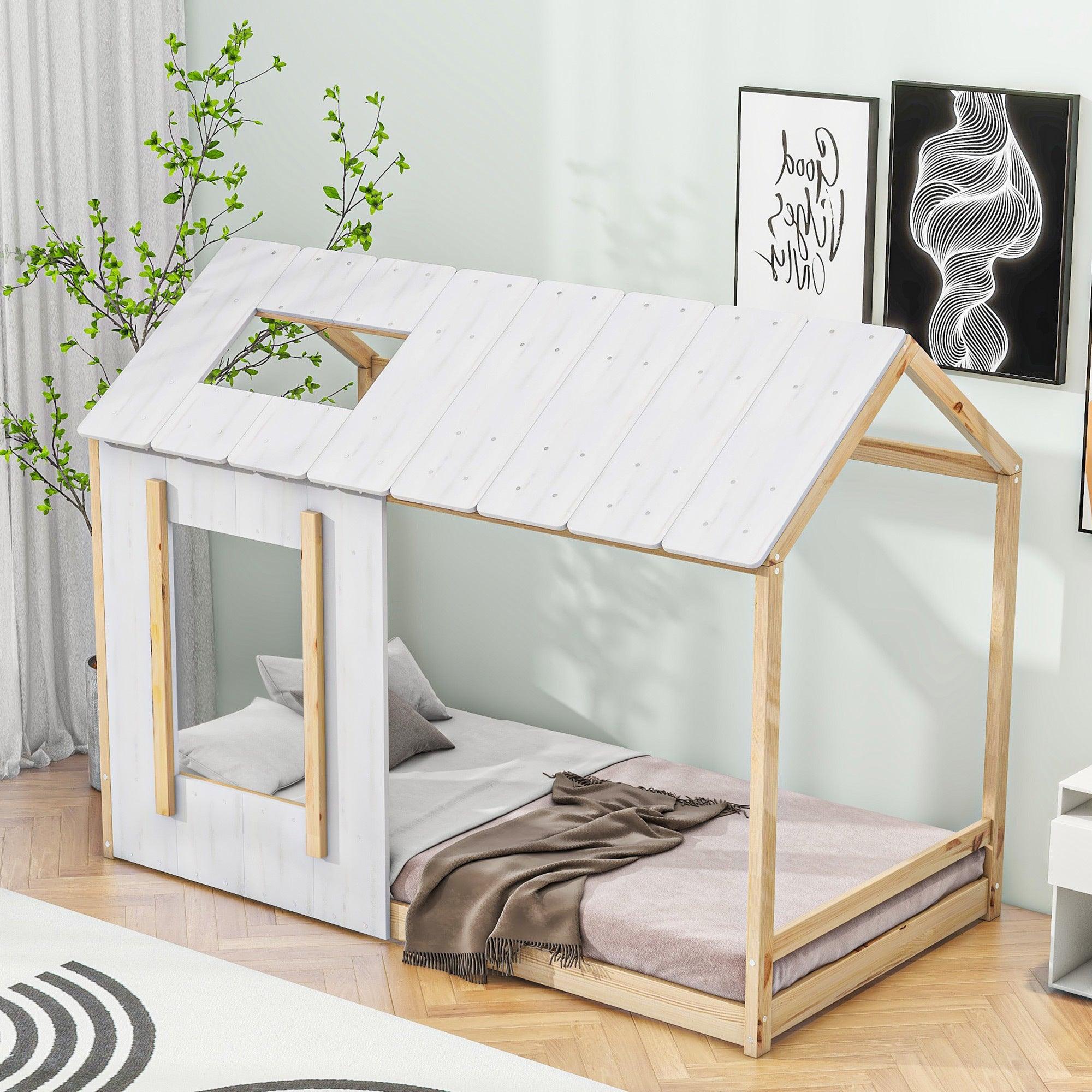 🆓🚛 Twin Size House Platform With Roof & Window, White+Natural