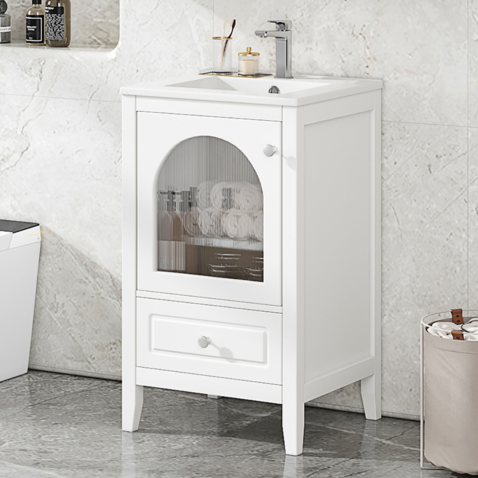 20" Bathroom Vanity With Sink, Bathroom Cabinet With Soft Closing Glass Door, a Drawer, White