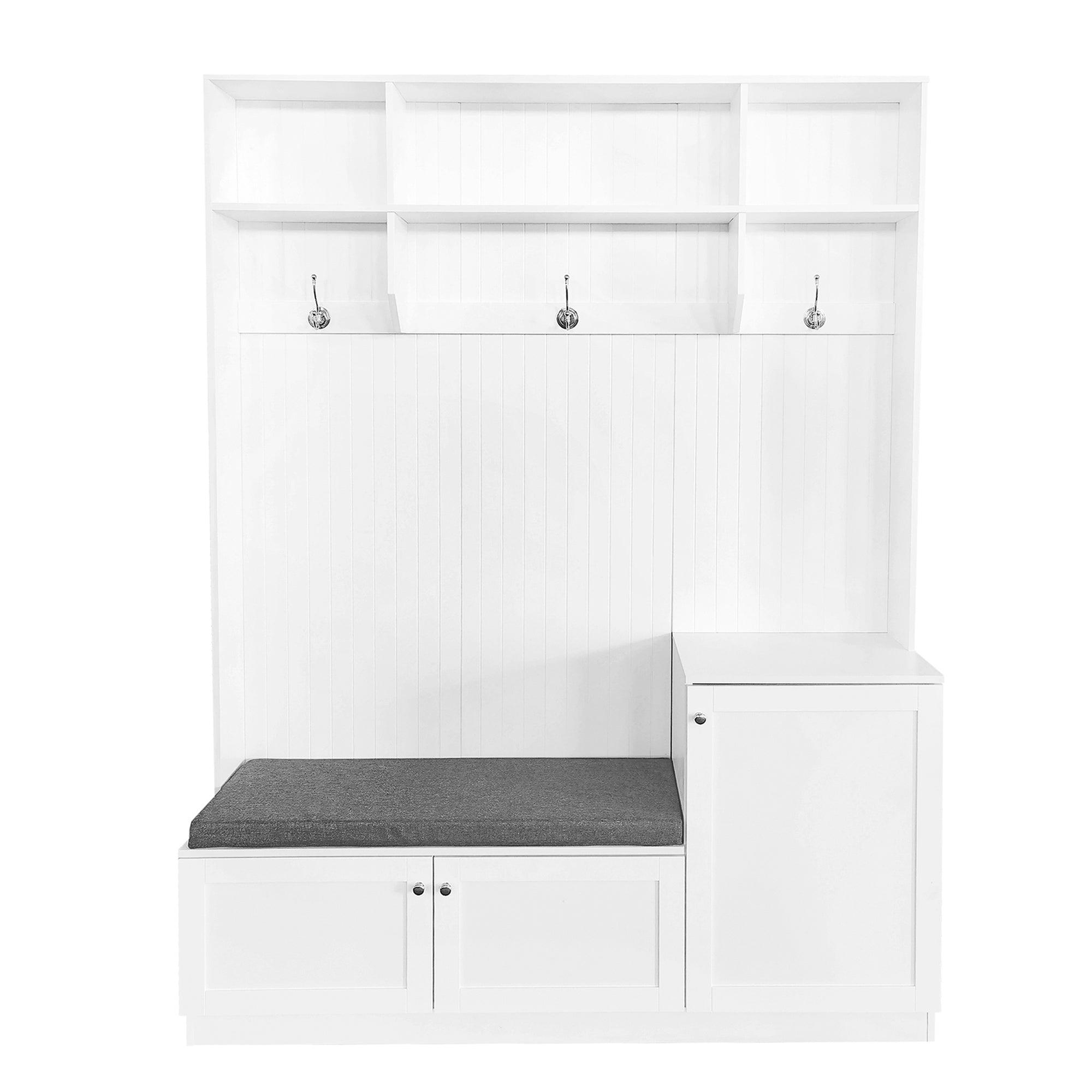 Elegant Design Hall Tree With Comfort And Storage Solutions, Functional Hallway Shoe Cabinet With Bench & Cushion, Modern Coat Rack With Hooks For Entryways, White