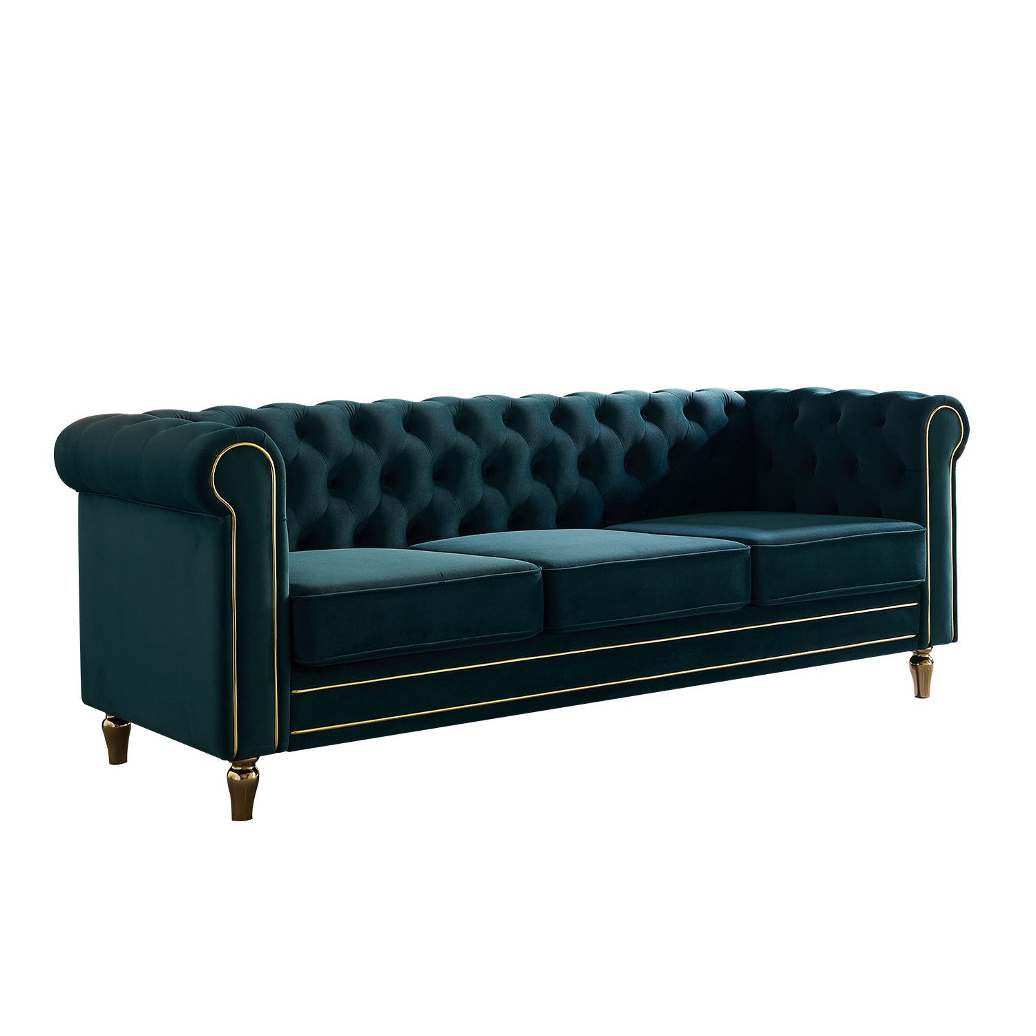 🆓🚛 84.65" Chesterfield Velvet Sofa for Living Room, Green