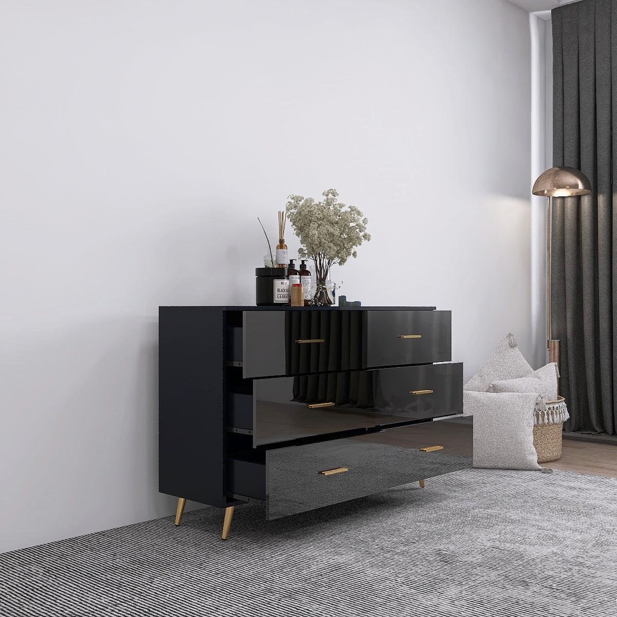 🆓🚛 High Glossy Surface 6 Drawers Chest, Golden Handle, Golden Steel Legs, Black Color Vanity