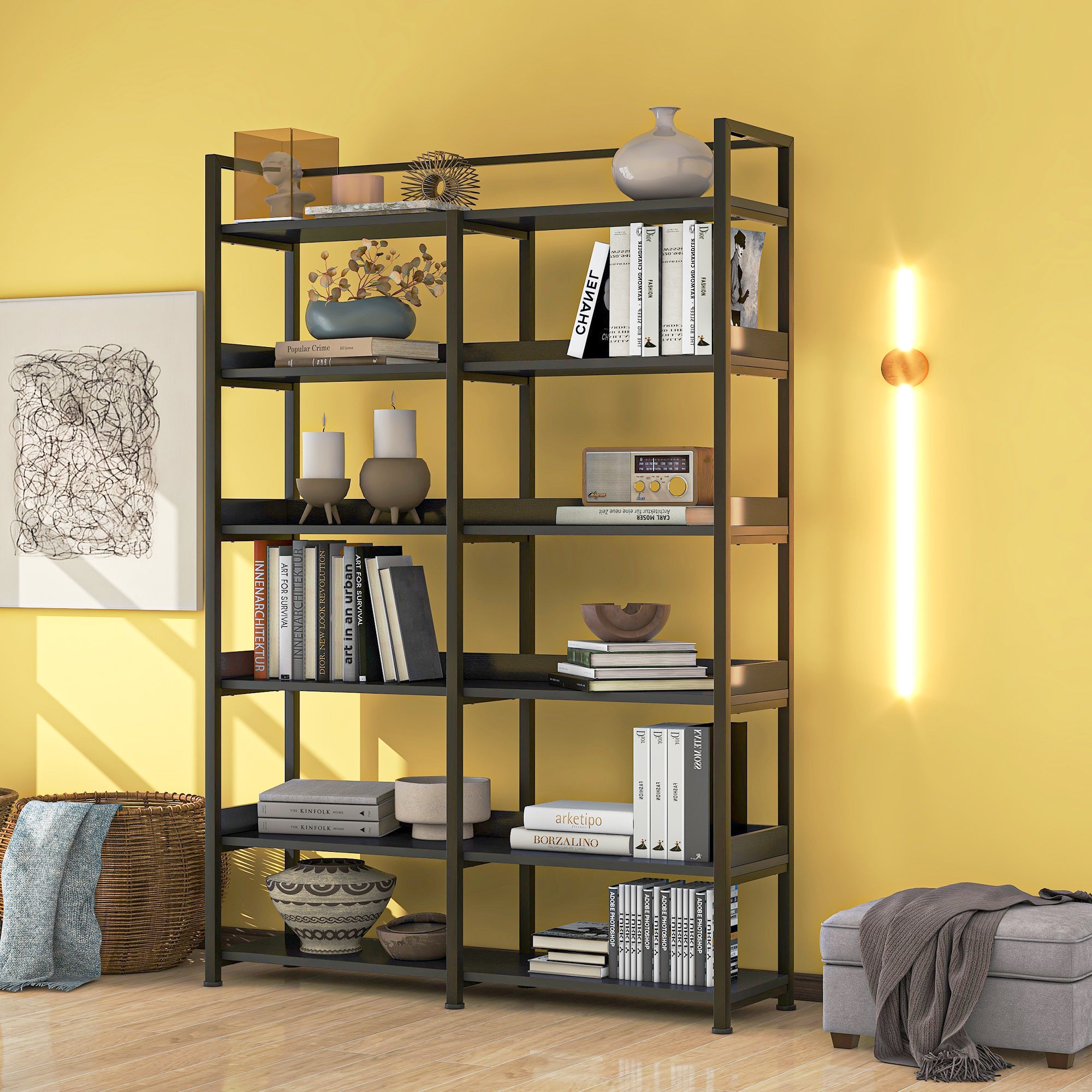 🆓🚛 70.8" Tall Bookshelf, Stainless Steel Frame, 6-Tier Shelves With Back & Side Panel, Adjustable Foot Pads, Black