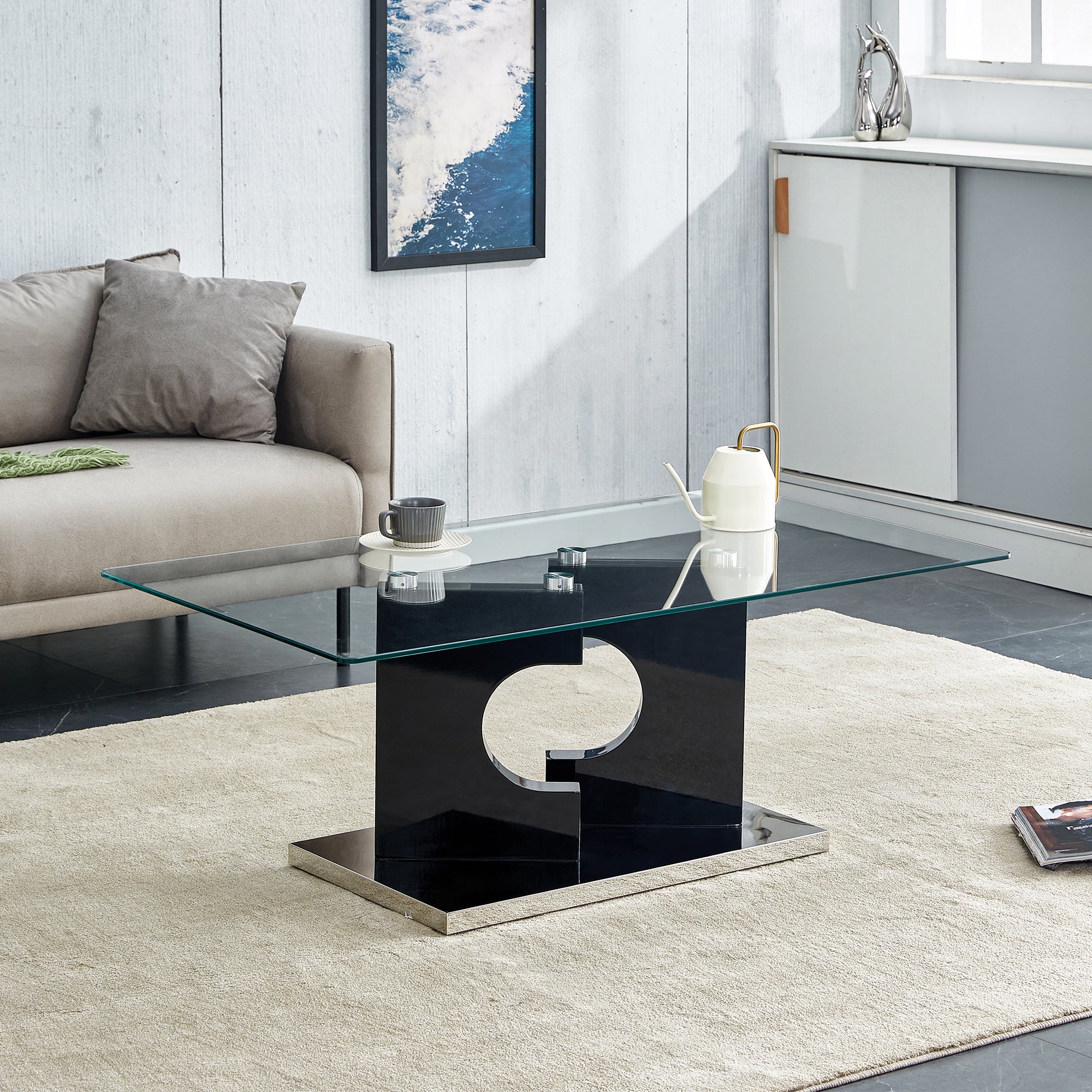 🆓🚛 Rectangular Modern and Fashionable Coffee Table, Tempered Glass Tabletop, Black Legs