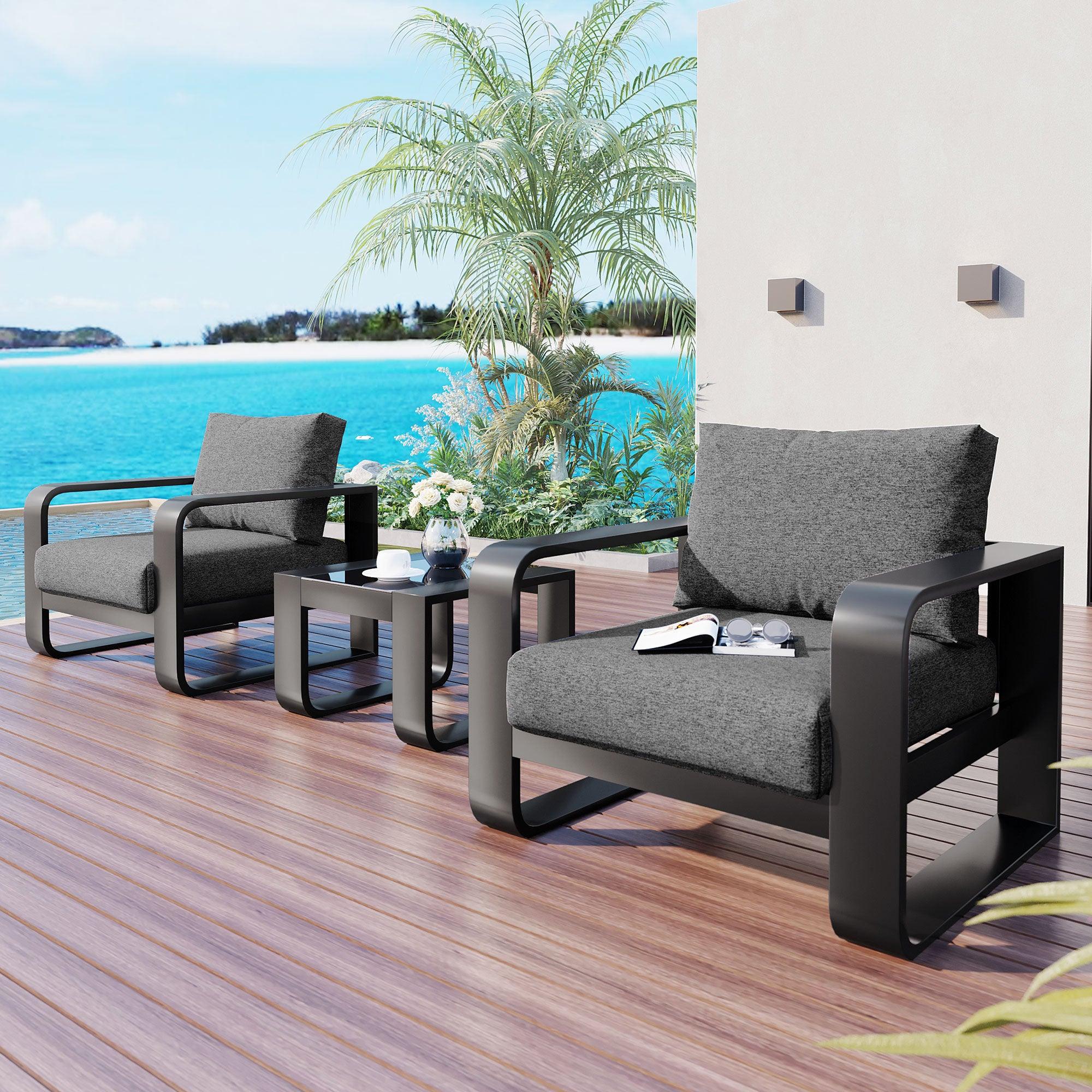 🆓🚛 3-pieces Aluminum Frame Patio Furniture With 6.7" Thick Cushion & Coffee Table, All Weather Use Olefin fabric Outdoor Chair, Gray And Black