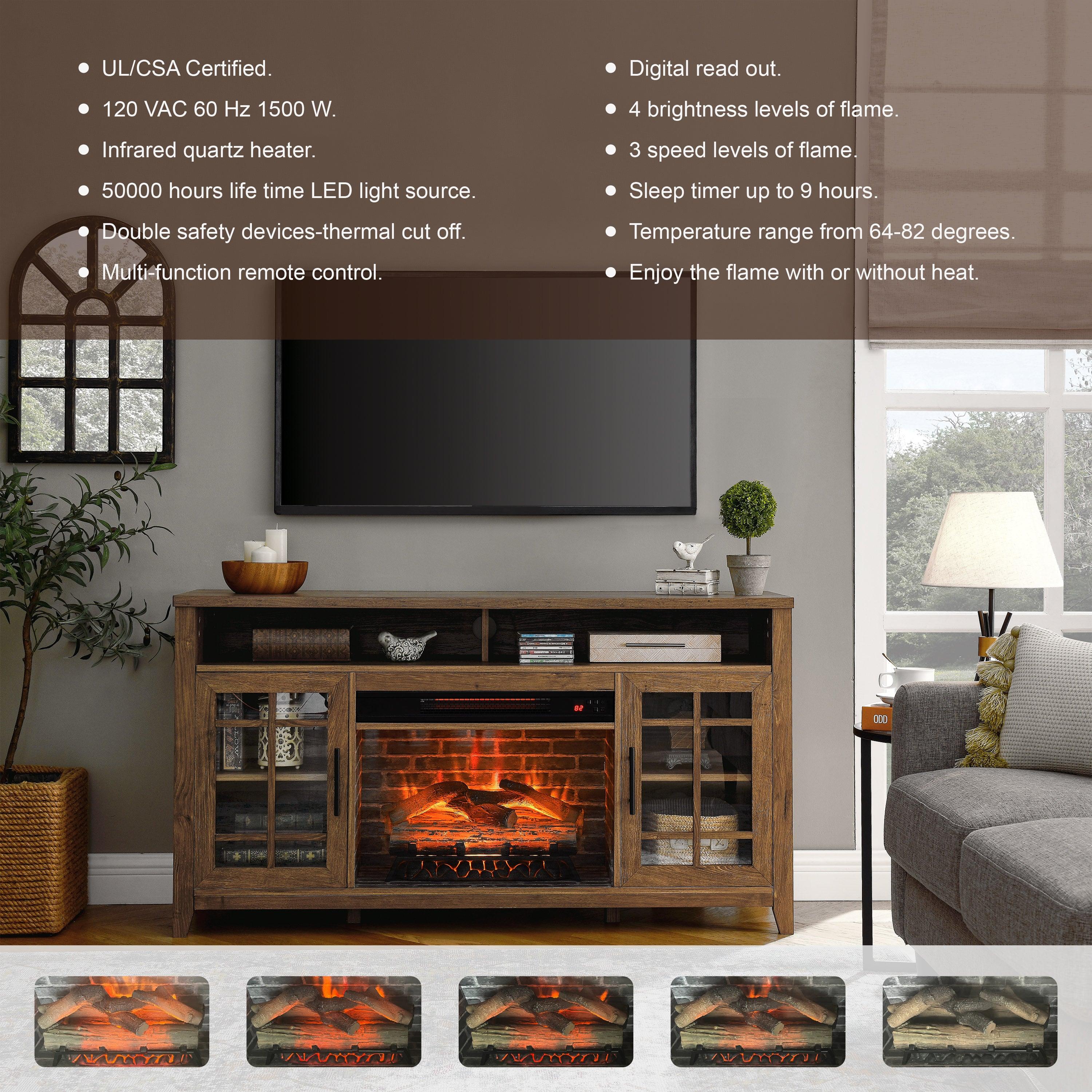 🆓🚛 55 Inch TV Media Stand With Electric Fireplace Kd Inserts Heater, Reclaimed Barnwood Color