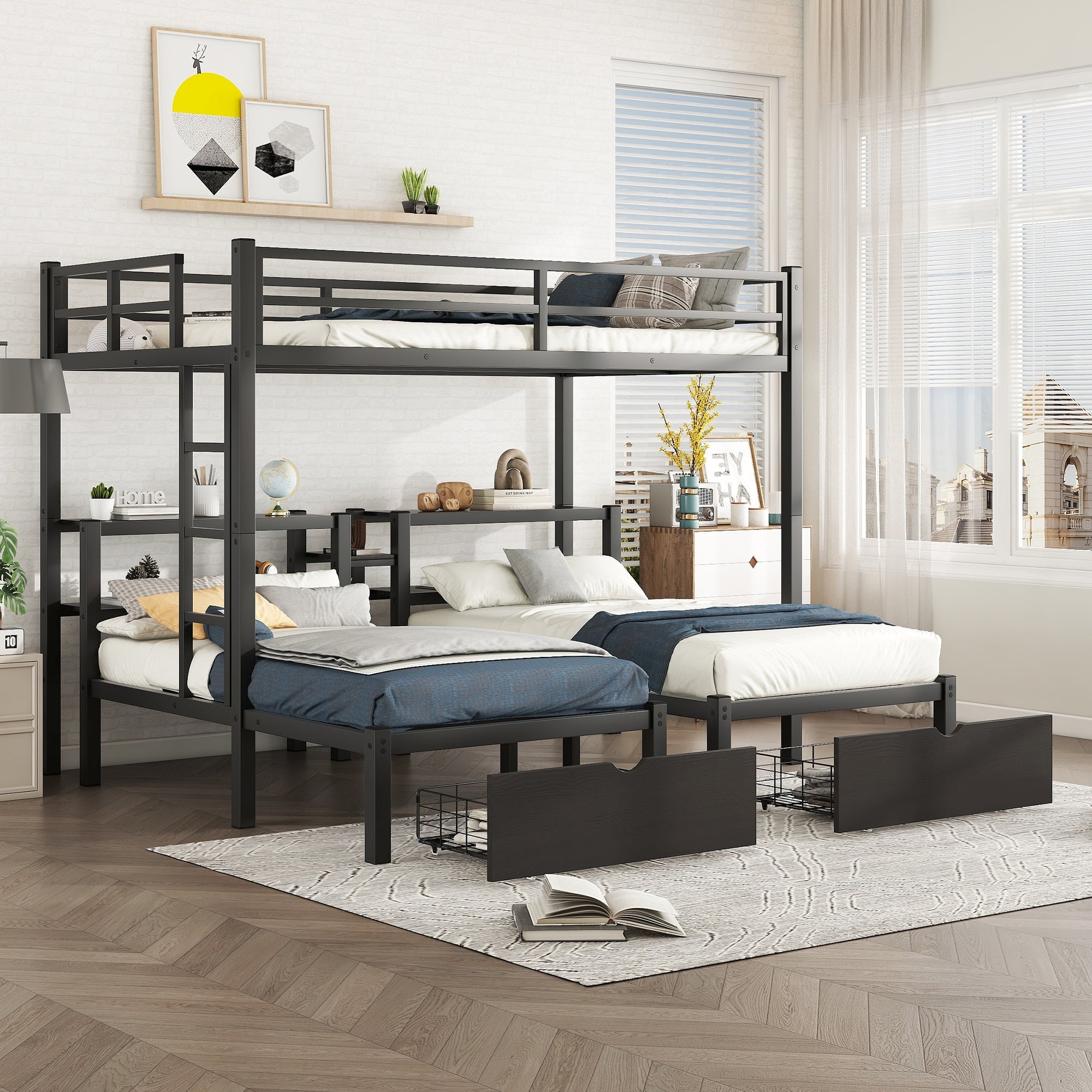 Full Xl Over Twin & Twin Triple Bunk Bed With Drawers, Multi-Functional Metal Frame Bed, Bed Head With Shelving, Black