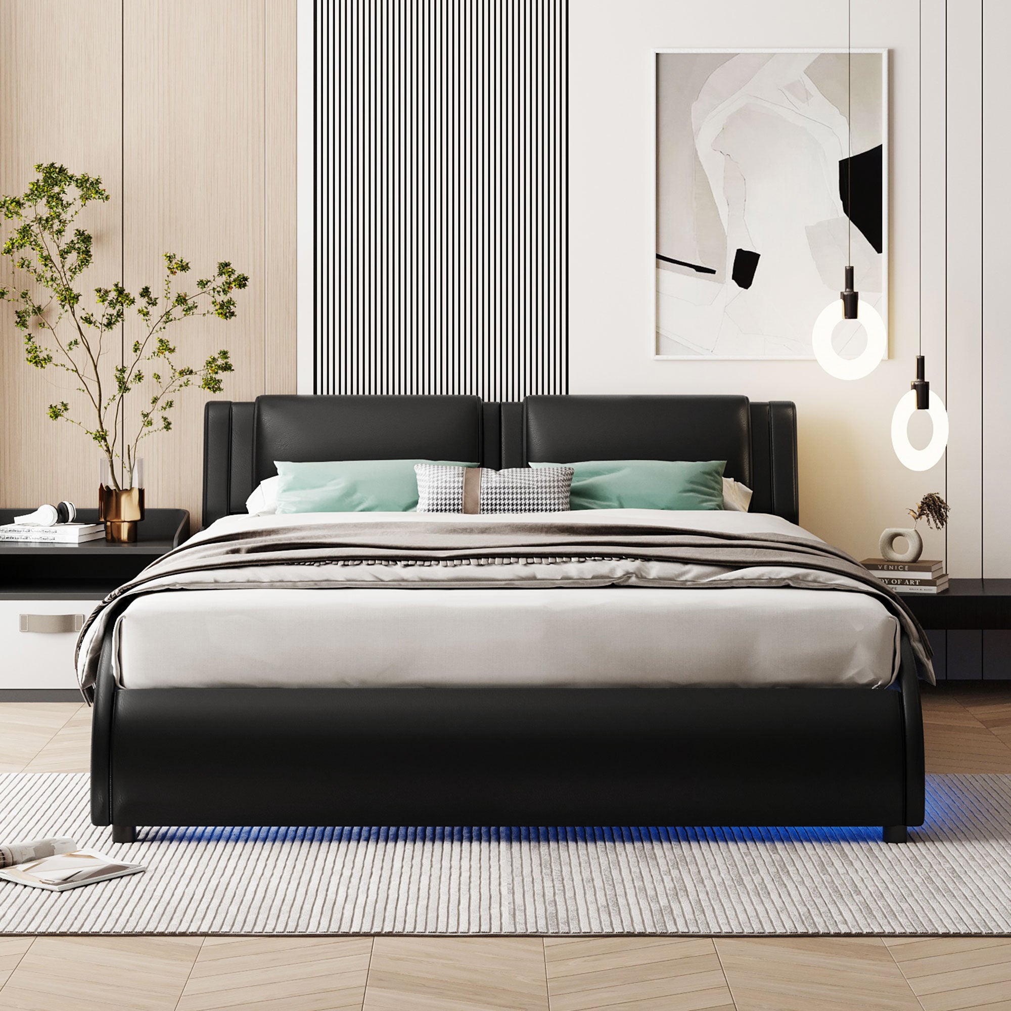 Full Size Upholstered Faux Leather Platform Bed with LED Light Bed Frame with Slatted, Black