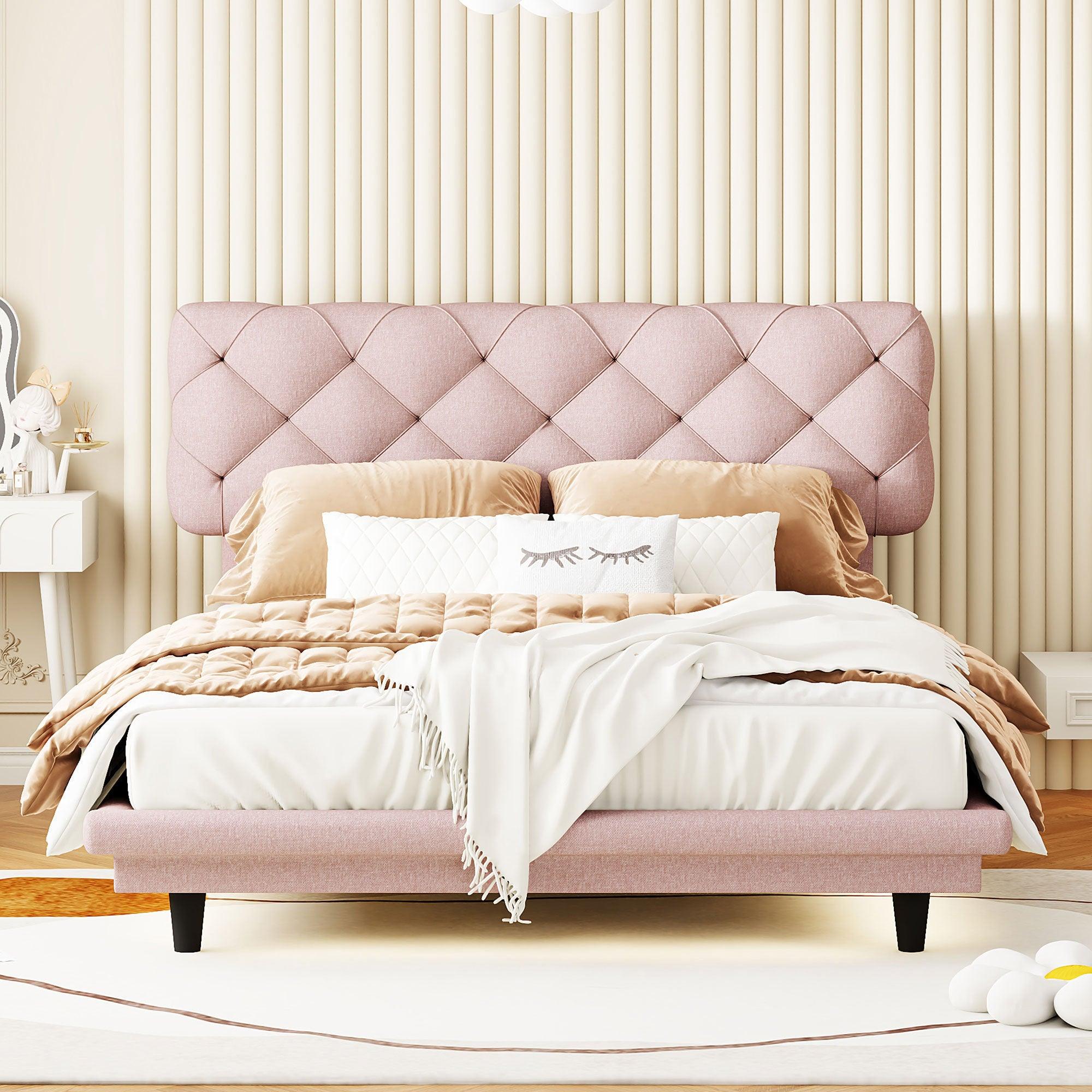 🆓🚛 Full Size Upholstered Bed With Light Stripe, Floating Platform Bed, Linen Fabric, Pink