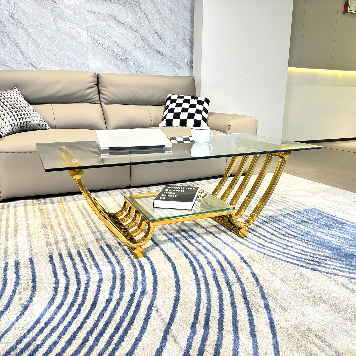 47" Rectangle Modern Stainless Steel Coffee Table, Double-Layer Clear Tempered Glass Coffee Table, Center Table Table With Storage, for Living Room Home Office, Easy Assembly, Gold