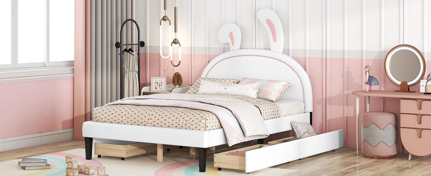 Full Size Upholstered Leather Platform Bed with Rabbit Ornament and 4 Drawers, White