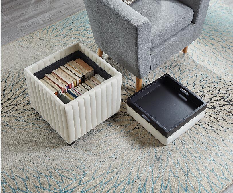 18" Wide Velvet Contemporary Square Cube Storage Ottoman, Beige