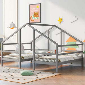 Double Twin Size Triangular House Beds with Built-in Table, Gray