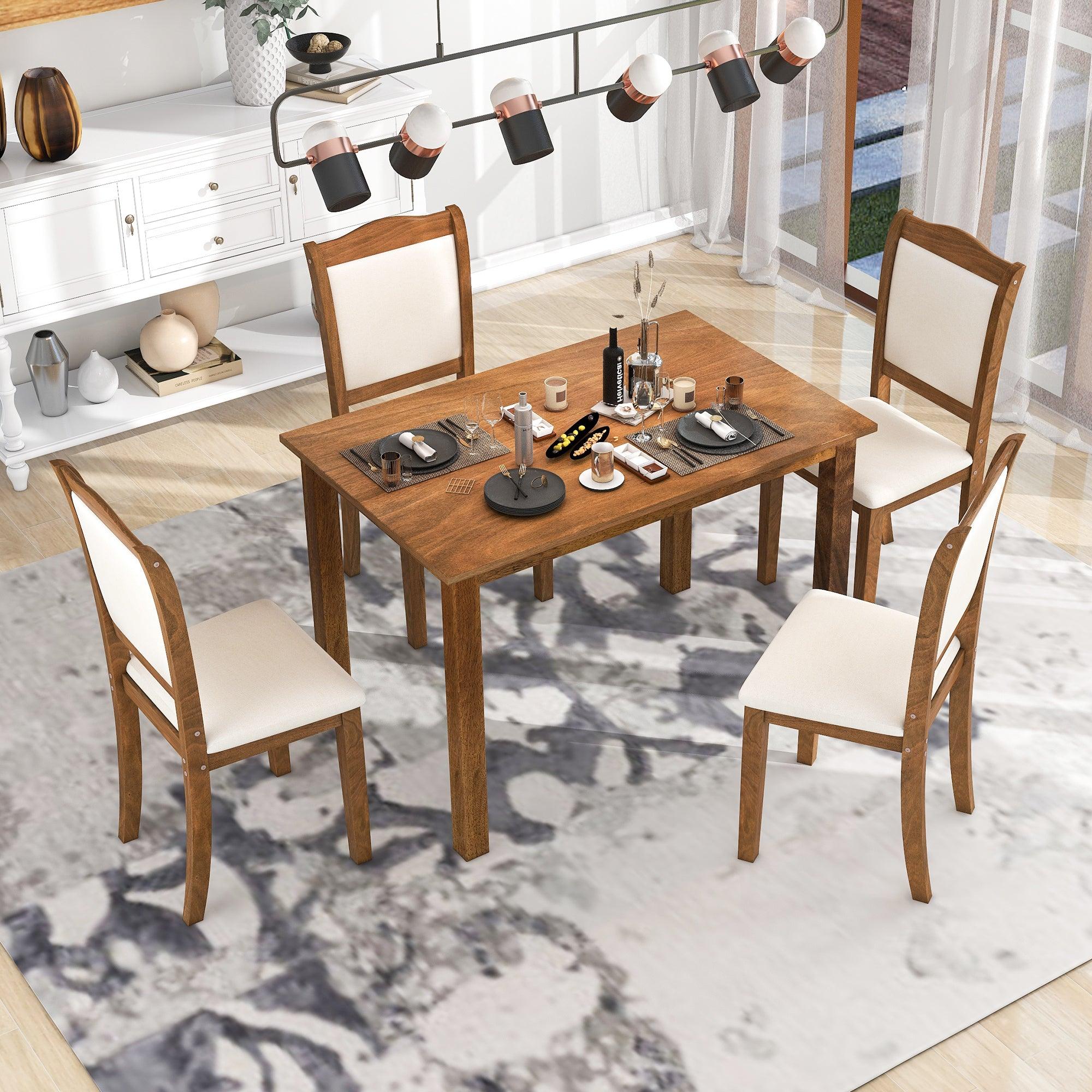 🆓🚛 5-Piece Wood Dining Table Set Simple Style Kitchen Dining Set, Rectangular Table With 4 Upholstered Chairs for Limited Space, Walnut