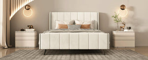 Full Size Upholstered Platform Bed, Velvet, Beige