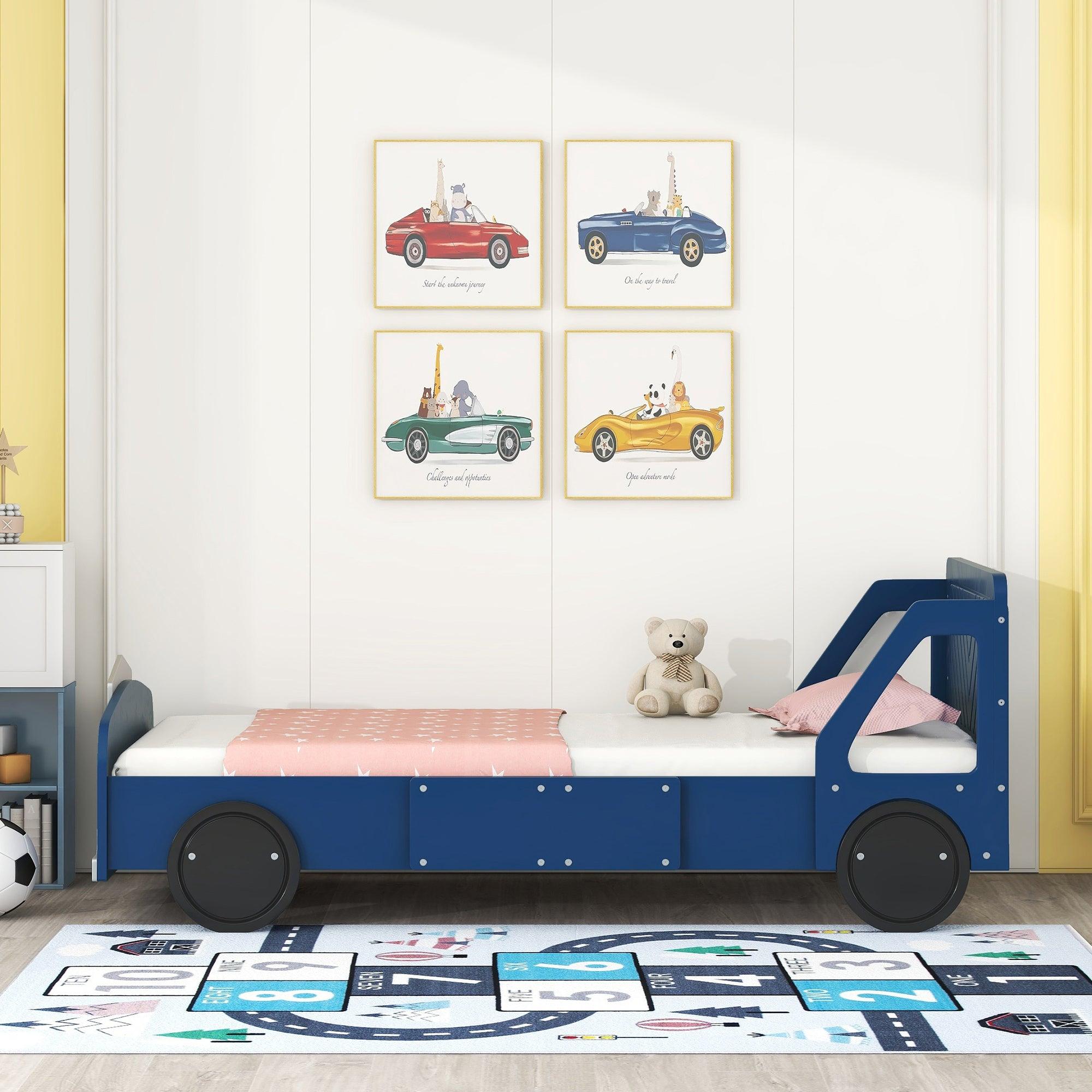 🆓🚛 Twin Size Car-Shaped Platform Bed With Wheels, Blue