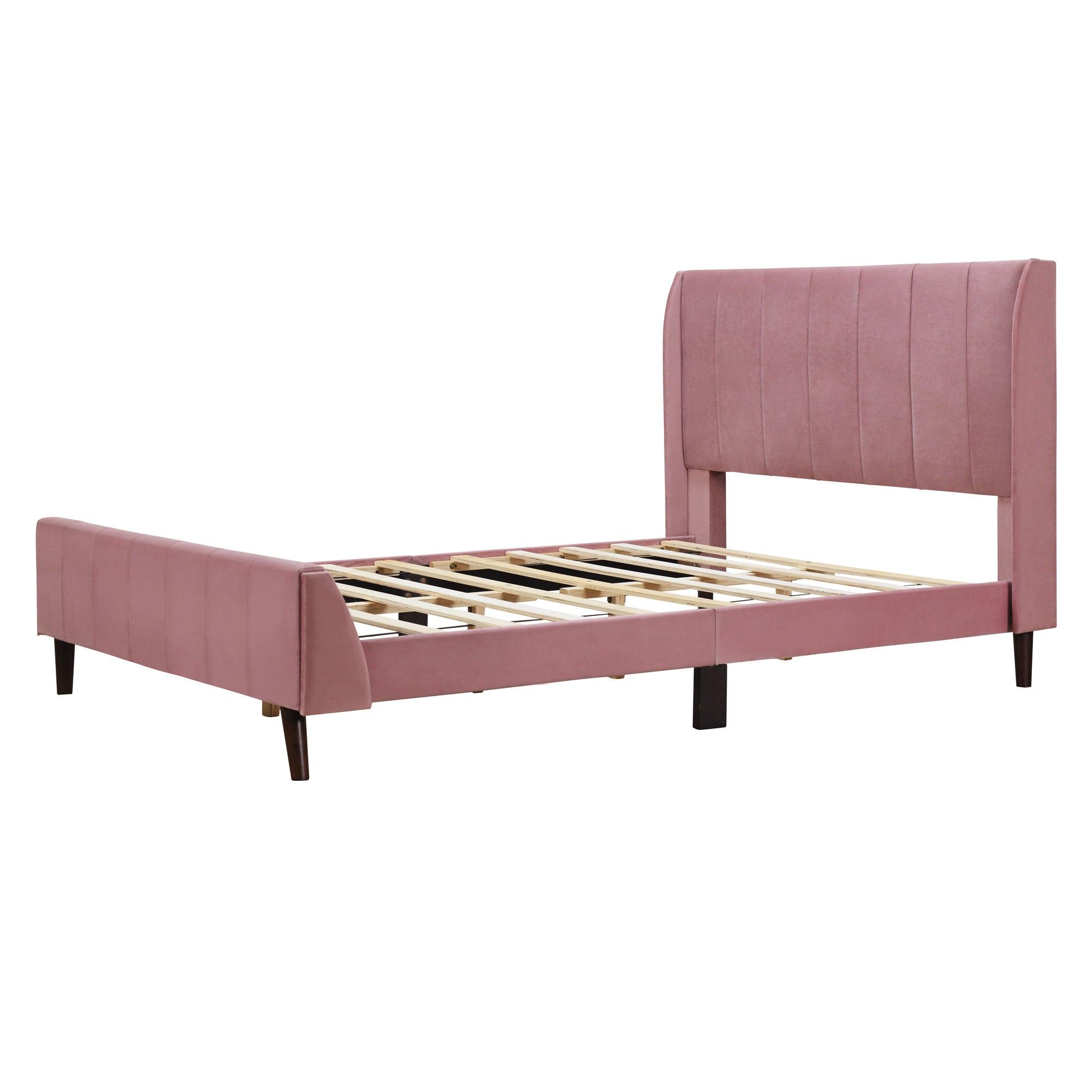 Full Size Upholstered Platform Bed, Velvet, Pink