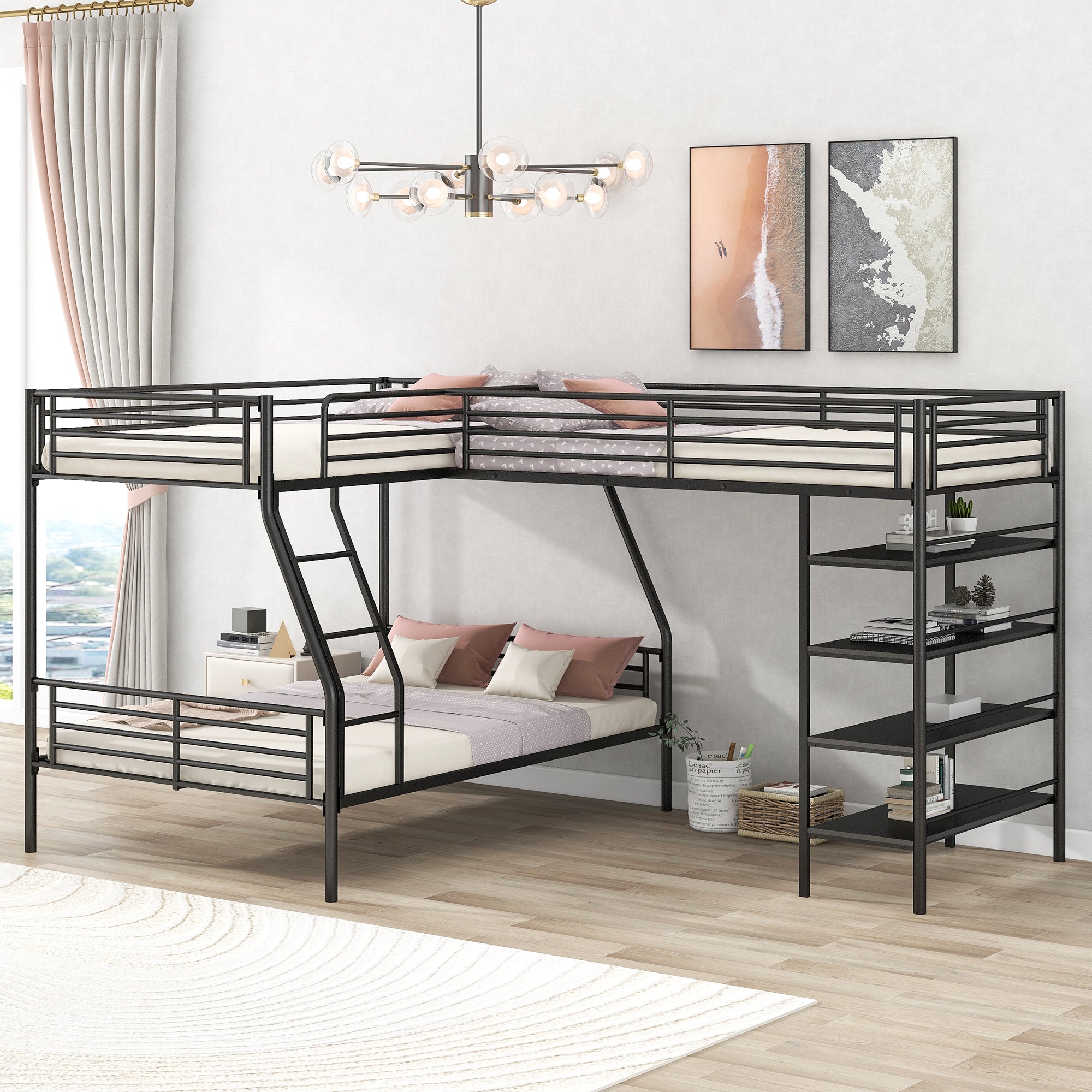 🆓🚛 L-Shaped Metal Twin Over Full Bunk Bed and Twin Size Loft Bed With Four Built-In Shelves, Black