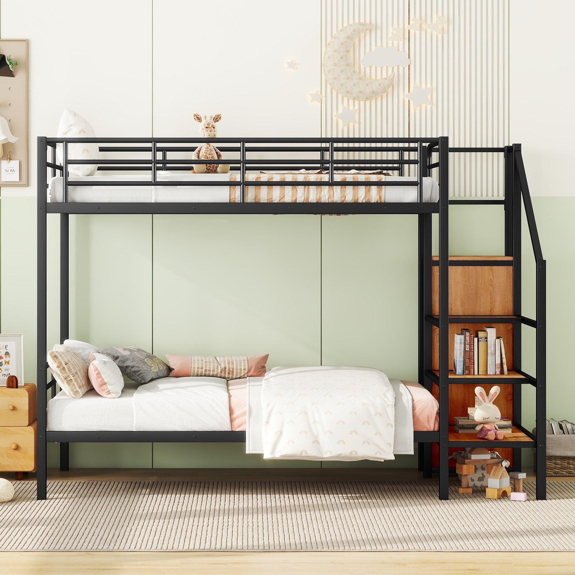 🆓🚛 Twin Over Twin Metal Bunk Bed With Lateral Storage Ladder & Wardrobe, Black