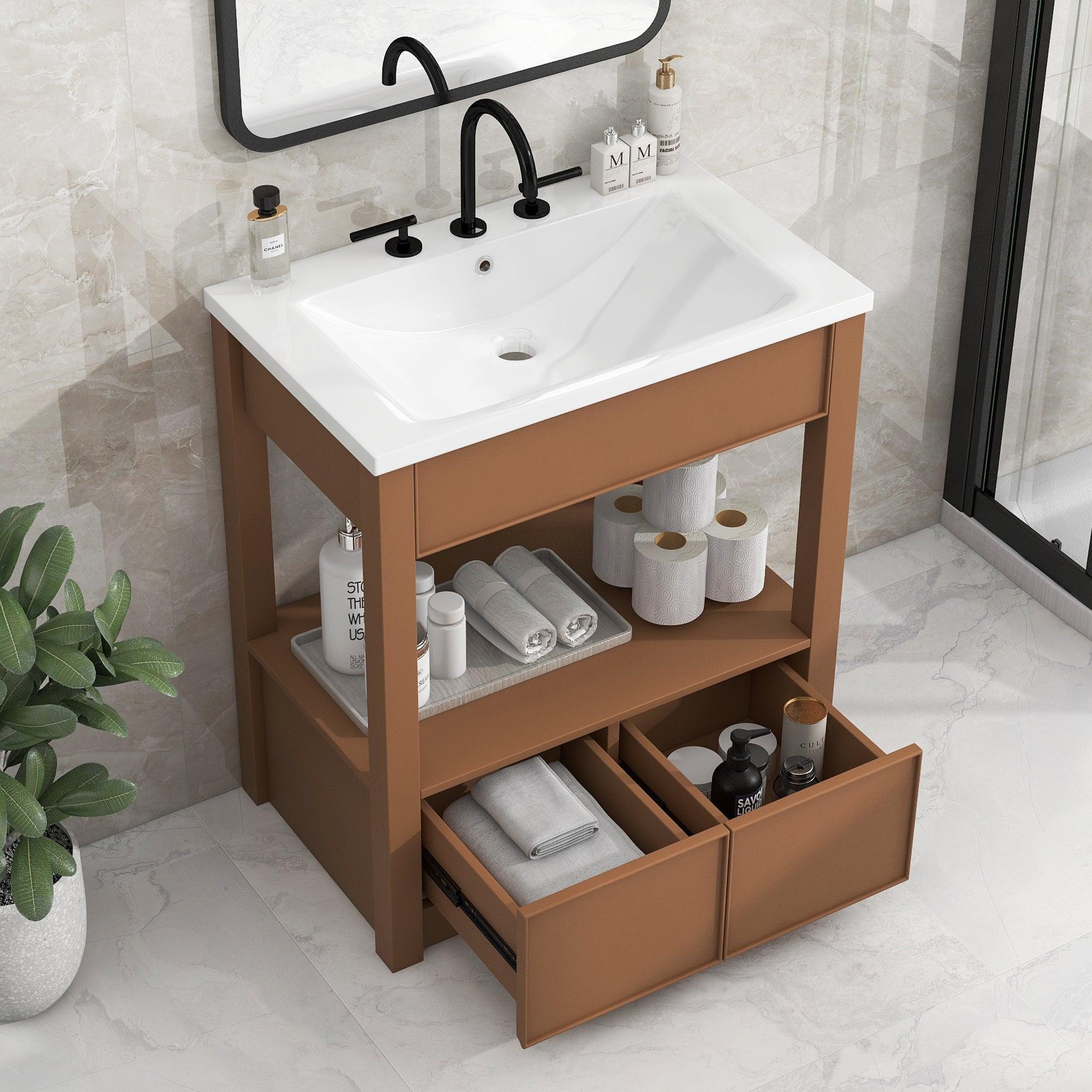 🆓🚛 30" Bathroom Vanity With Sink Top, Bathroom Cabinet With Open Storage Shelf & Two Drawers, Brown