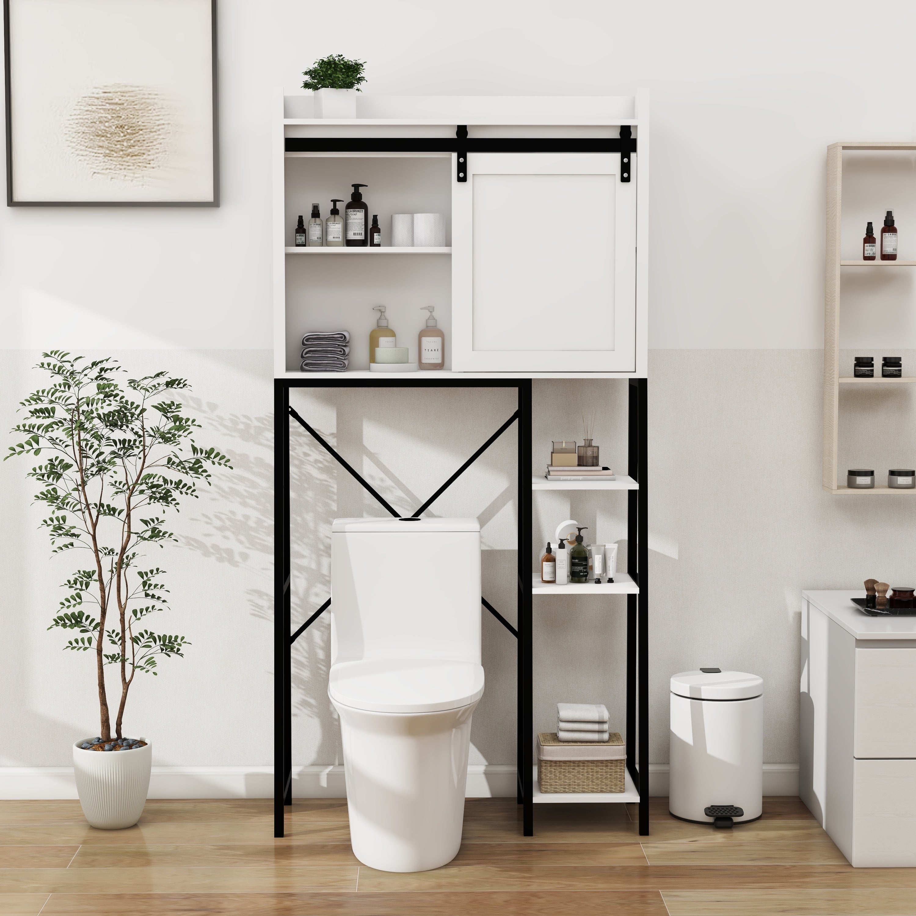 🆓🚛 Over The Toilet Storage Cabinet, Bathroom Shelves Over Toilet With Sliding Barn Door, Adjustable Shelves & Side Storage Rack, White