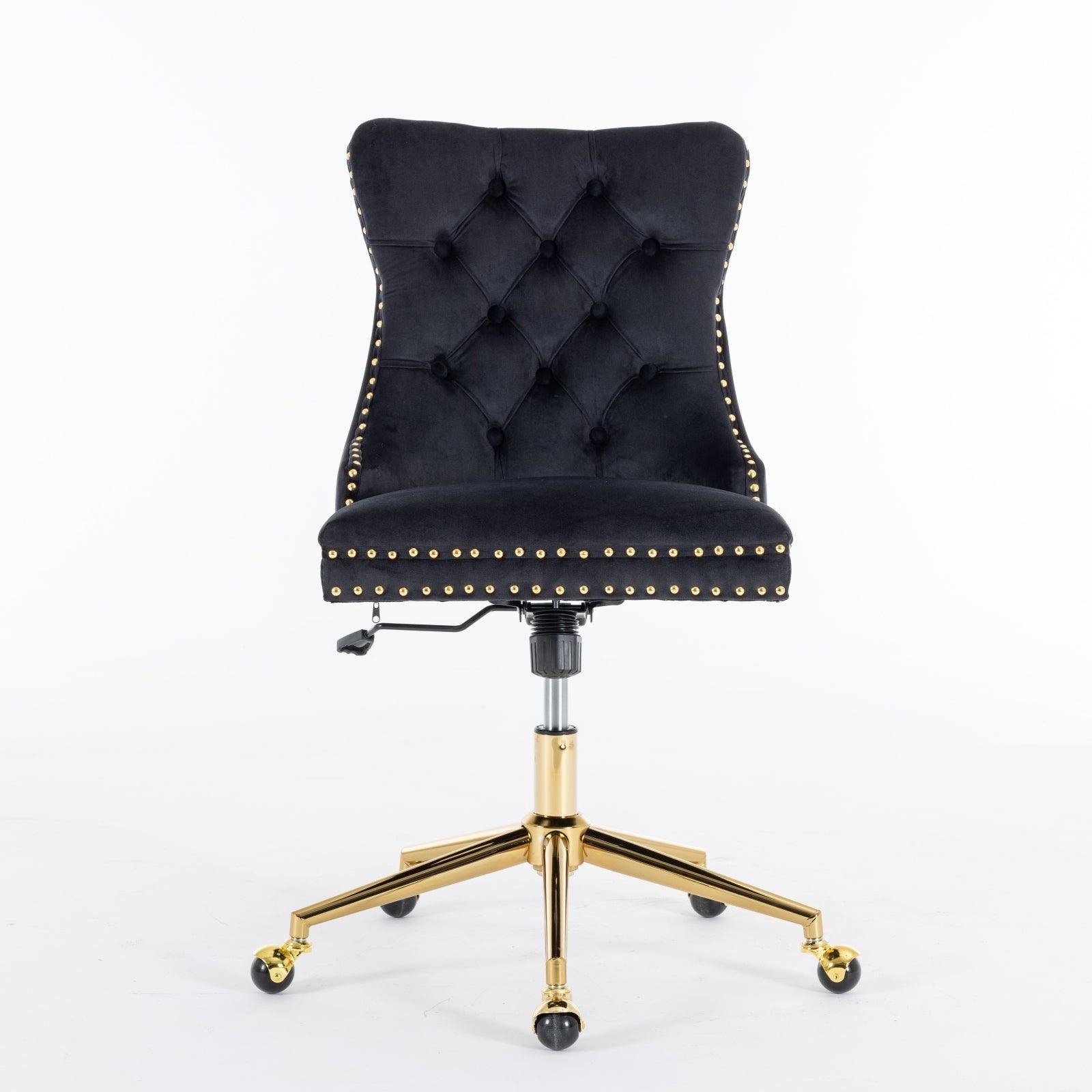 🆓🚛 Office Chair, Velvet Upholstered Tufted Button Home Office Chair With Golden Metal Base, Black