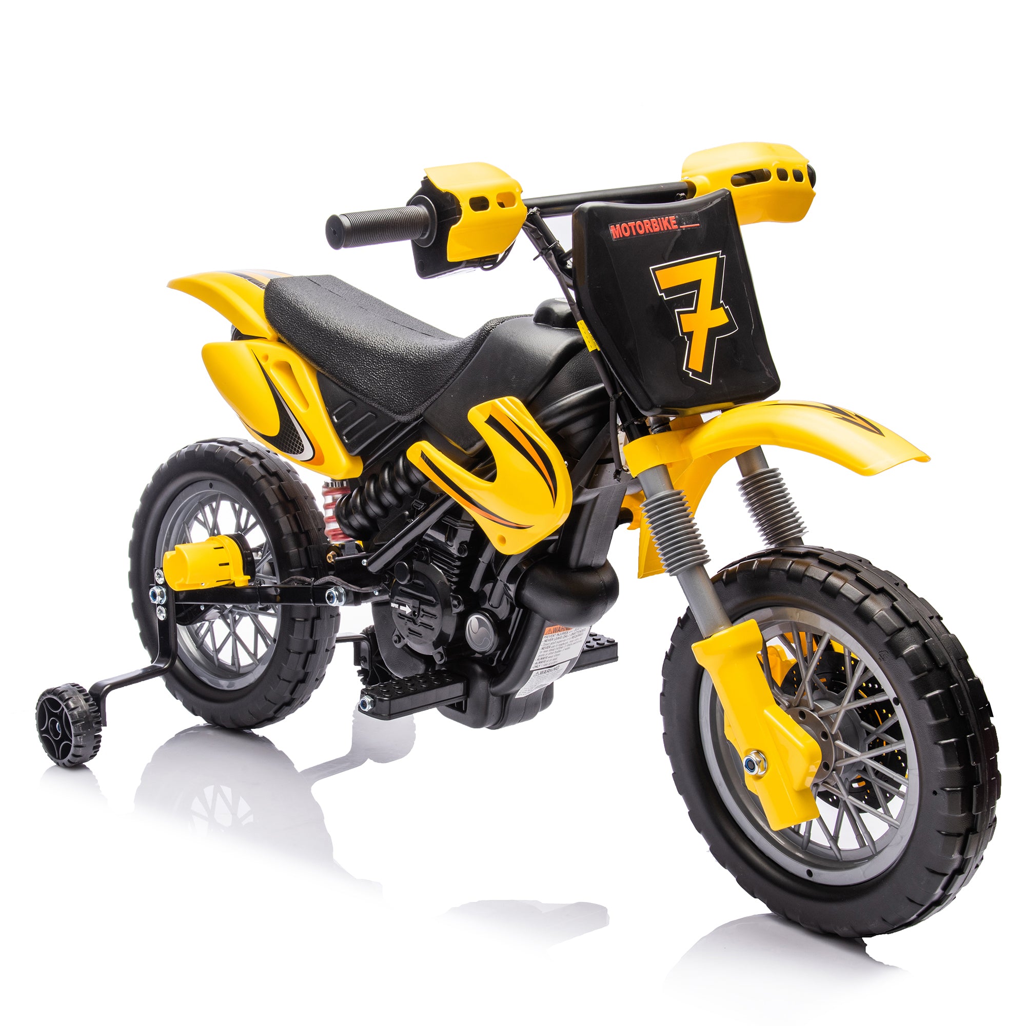 12V Kids Ride On Electric Toy Motorcycle, Rear Suspension, Twist Grip Throttle, Slow Start, Removable Training Wheels, Indie Music Box With Horn and Engine, Simulation of Dirt Bike Modeling for Kids 5+.