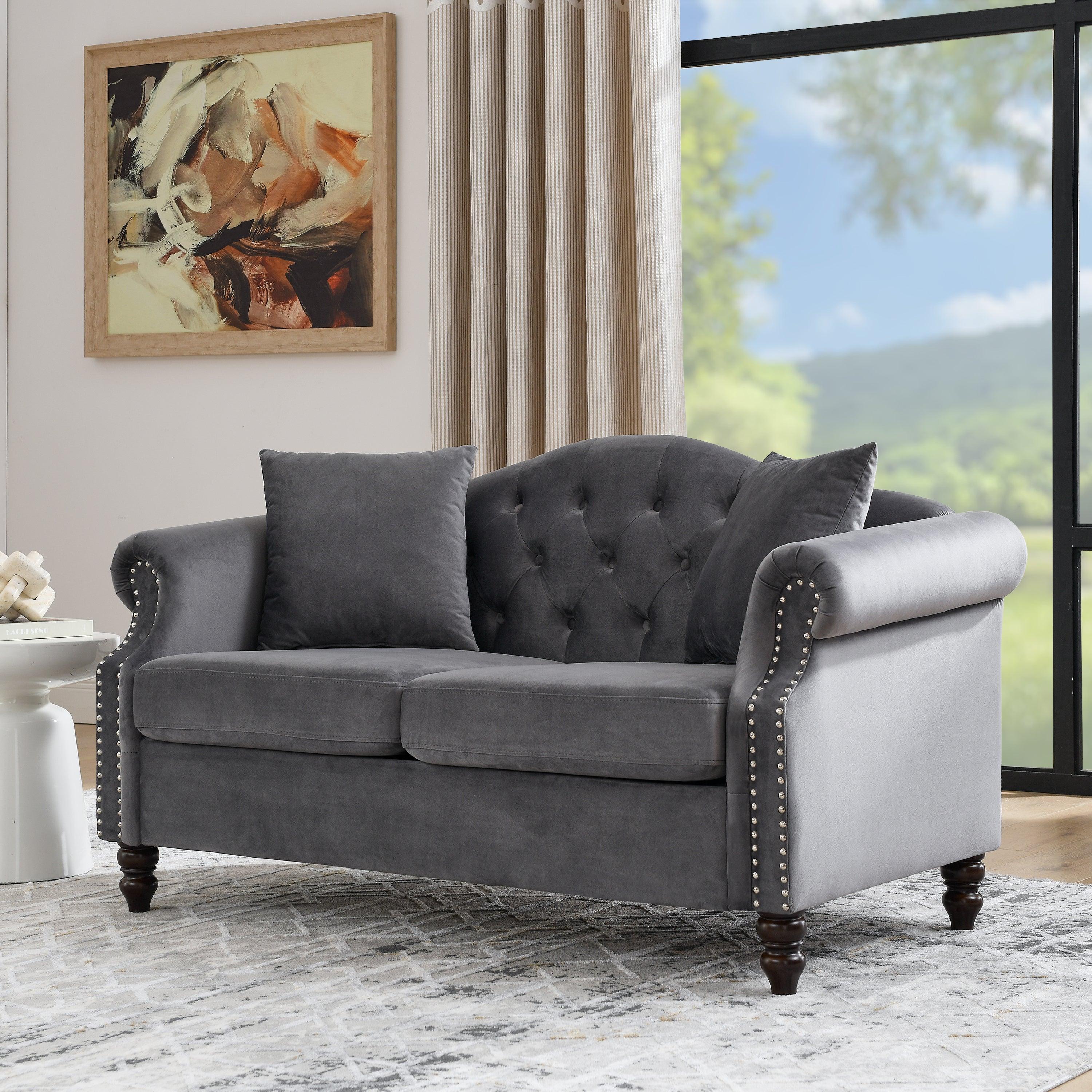 57" Chesterfield Sofa Grey Velvet for Living Room, 2 Seater Sofa Tufted Couch with Rolled Arms and Nailhead, with 2 Pillows