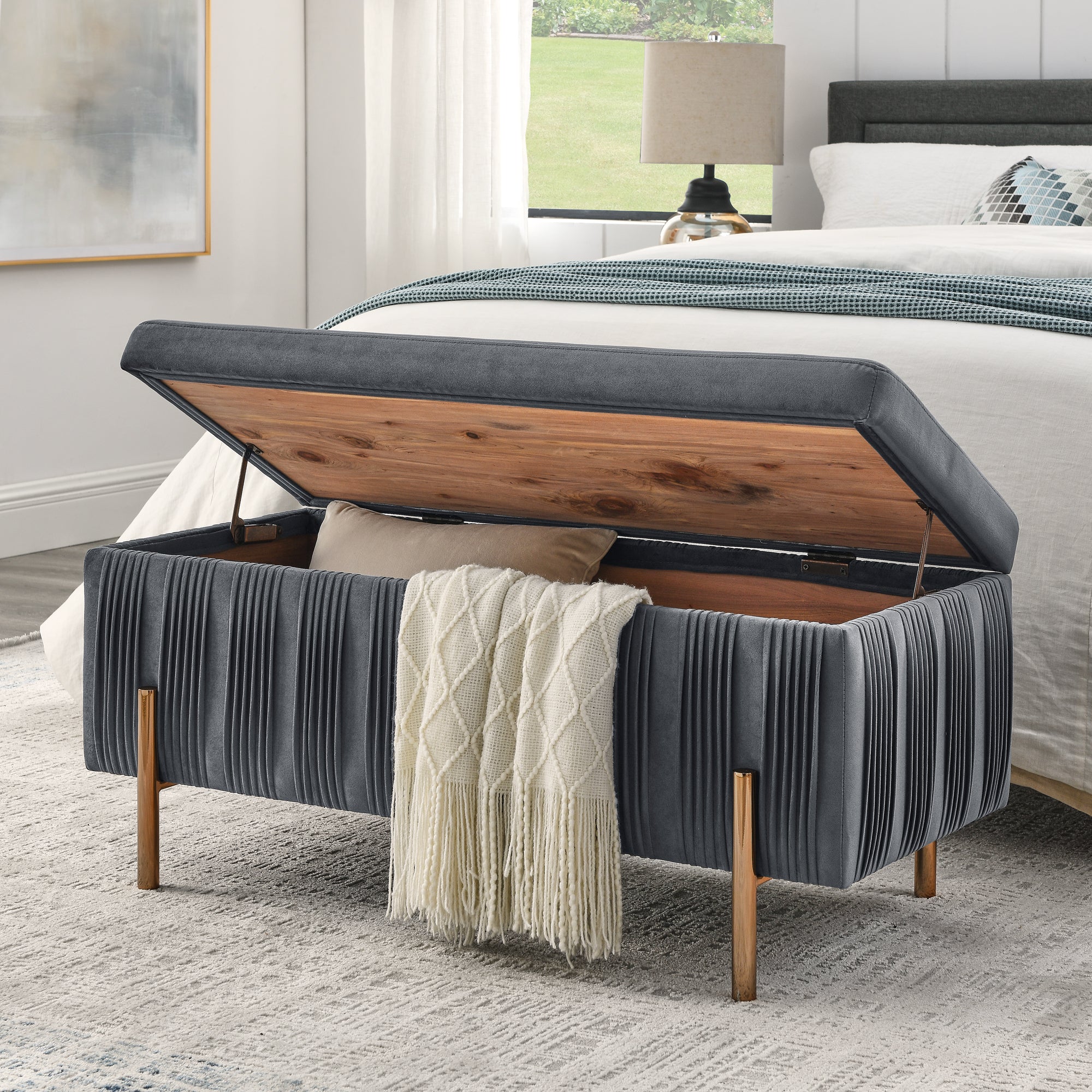 🆓🚛 Elegant Upholstered Velvet Storage Bench With Cedar Wood Veneer, Large Storage Ottoman With Electroplate Iron Legs for Hallway Living Room Bedroom, Gray