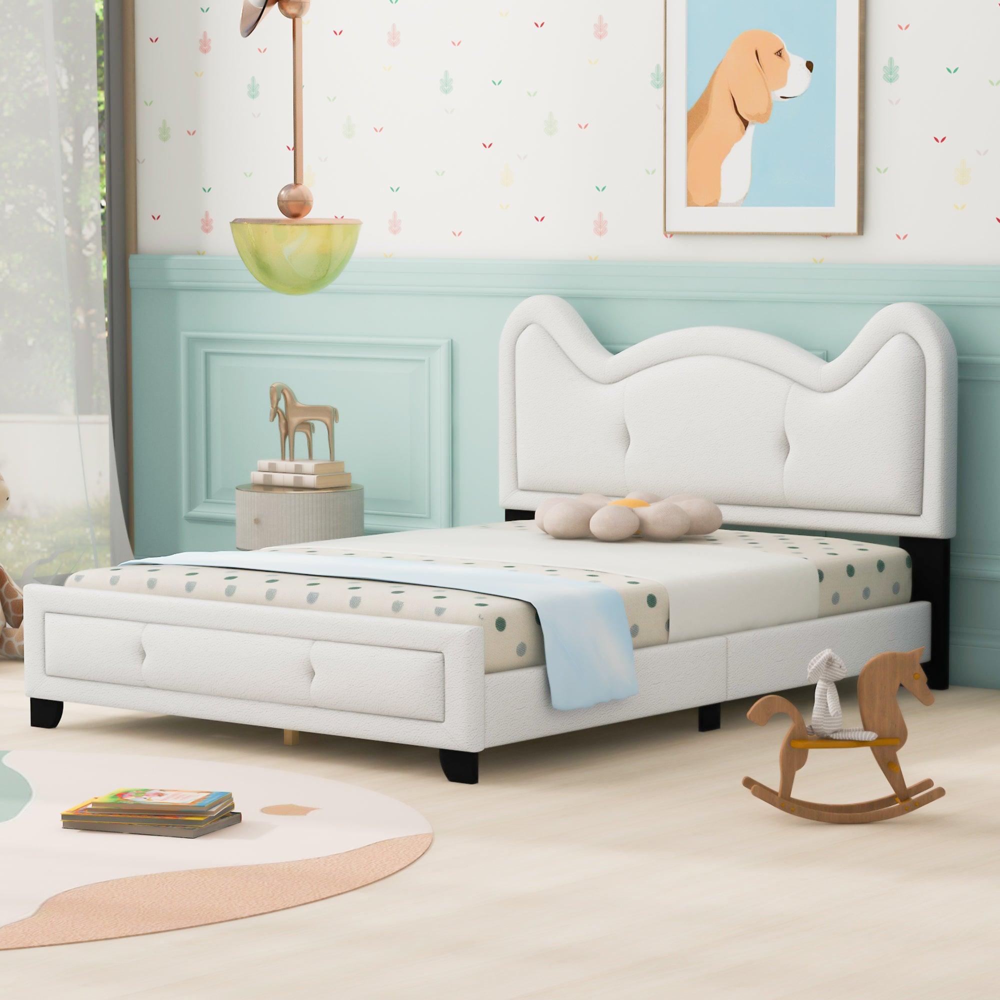 🆓🚛 Full Size Upholstered Platform Bed With Carton Ears Shaped Headboard, White