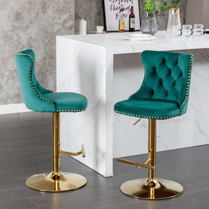 Golden Swivel Velvet Barstools Adjusatble Seat Height From 25-33 Inch, Modern Upholstered Bar Stools With Backs Comfortable Tufted For Home Pub And Kitchen Island（Green, Set Of 2）