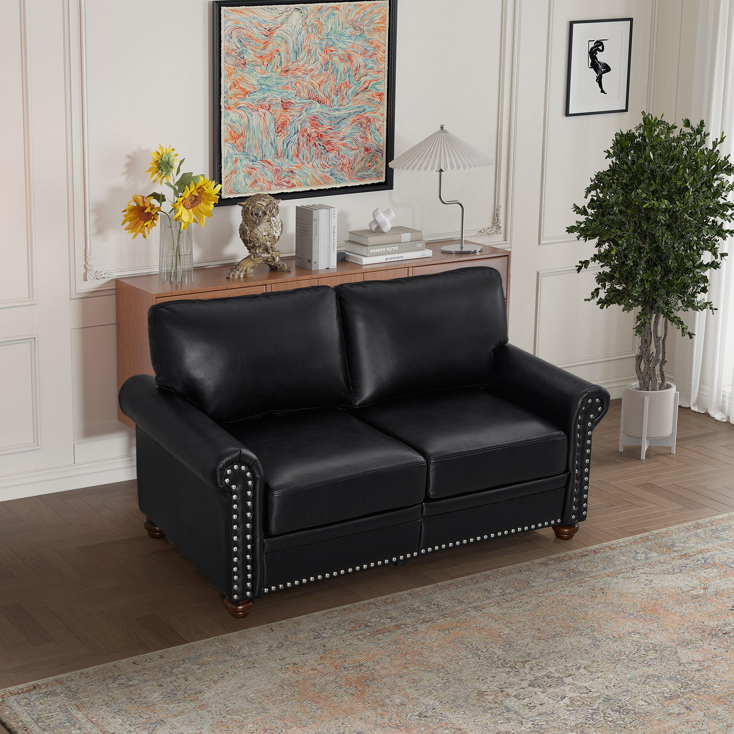 🆓🚛 Living Room Sofa Loveseat Black Faux Leather