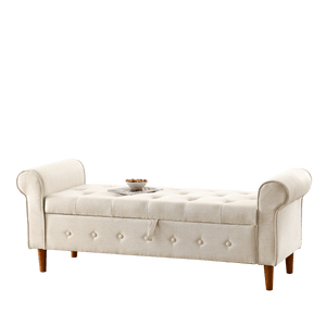 62" Bedroom Tufted Button Storage Bench, Linen Upholstered Ottoman, Window Bench, Rolled Arm Design For Bedroom, Living Room, Foyer (Beige)
