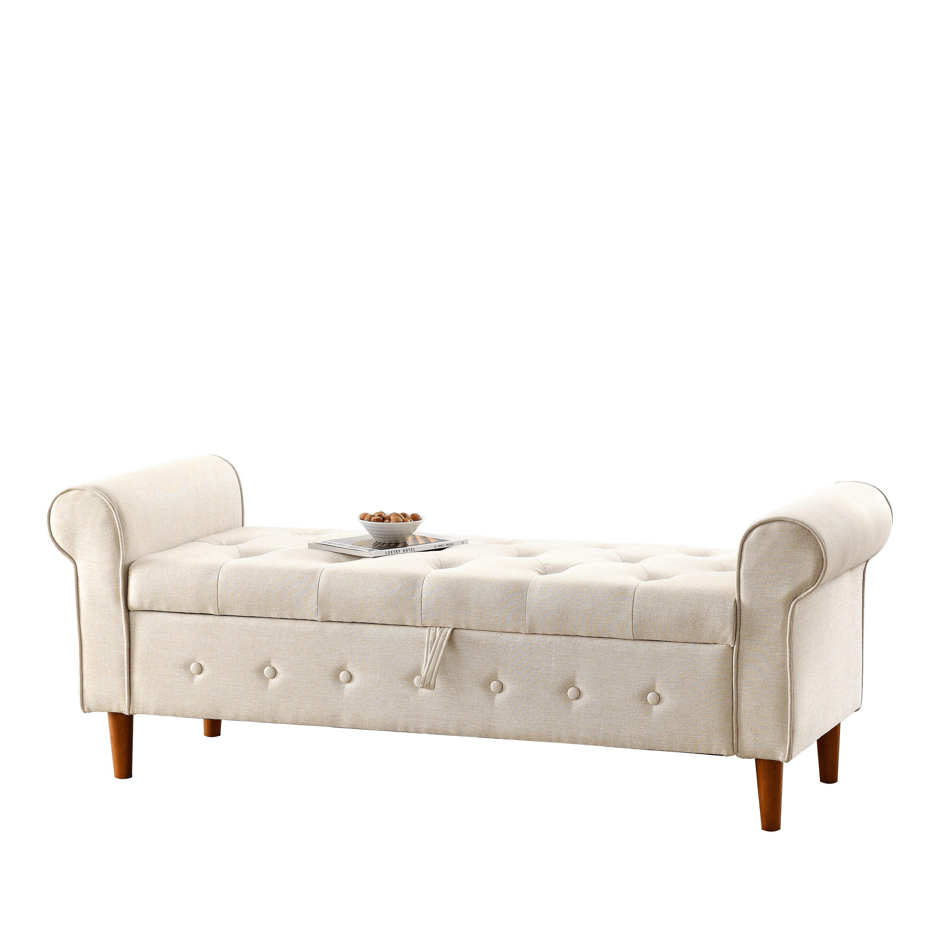 62" Bedroom Tufted Button Storage Bench, Linen Upholstered Ottoman, Window Bench, Rolled Arm Design For Bedroom, Living Room, Foyer (Beige)