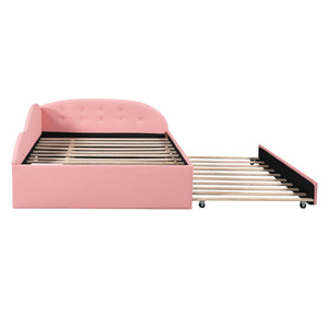 Full Size PU Upholstered Tufted Daybed with Trundle and Cloud Shaped Guardrail, Pink