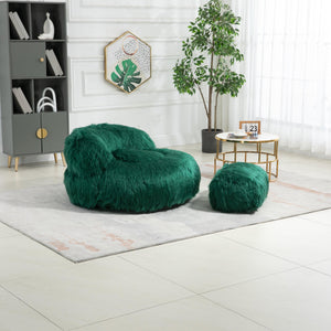 Gramanda 2-In-1 Bean Bag Chair Faux Fur Lazy Sofa & Ottoman Footstool For Adults And Kids - Emerald Green