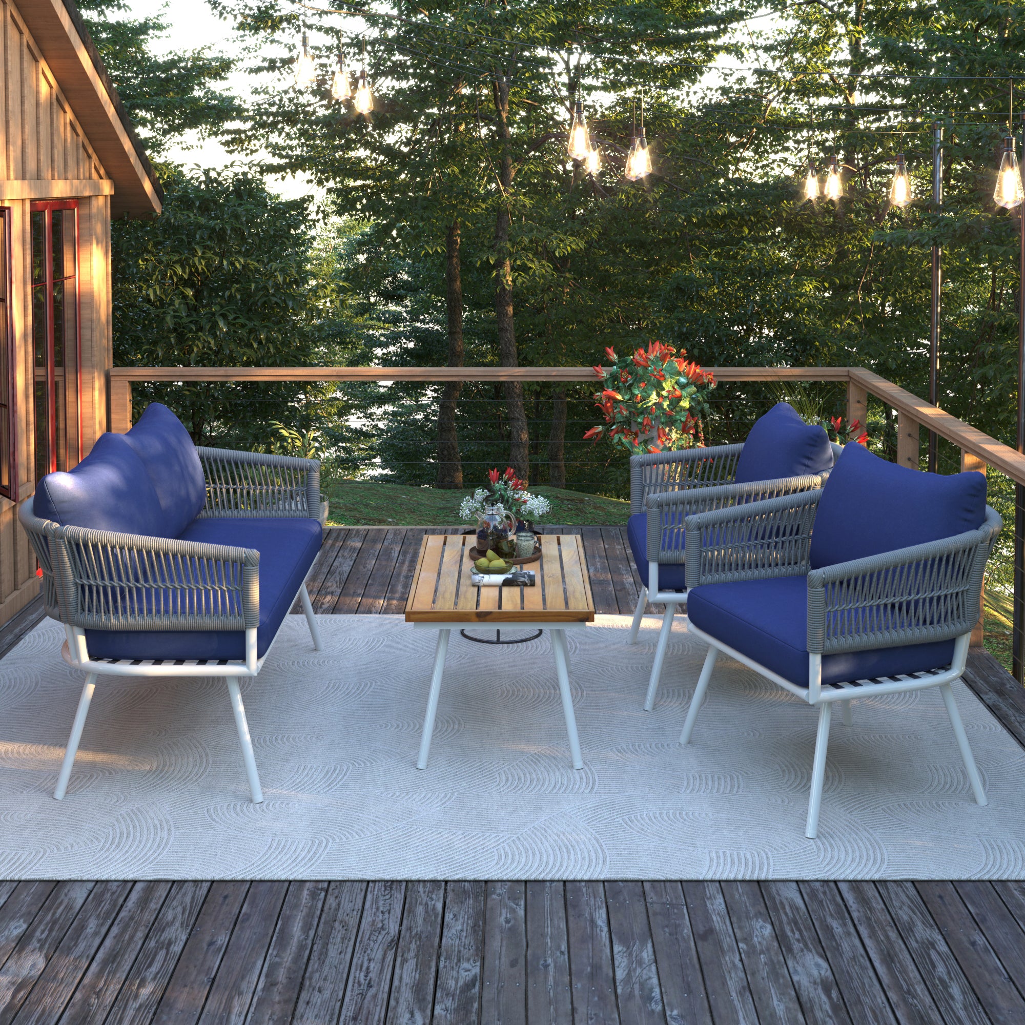 🆓🚛 4-Piece Patio Conversation Set, Outdoor Furniture with Acacia Wood Table, Patio Conversation Set with Deep Seating & Thick Cushion for Backyard Porch Balcony, Navy Blue