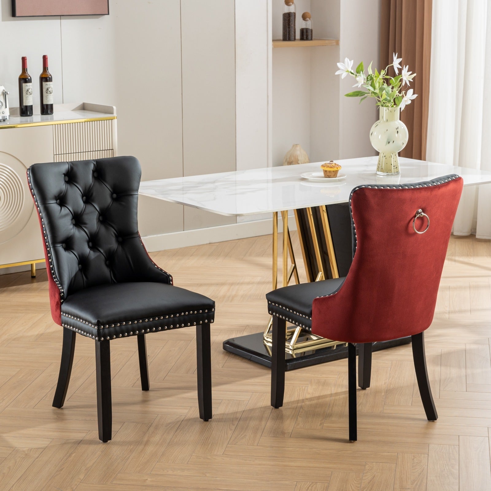 🆓🚛 High-End Tufted Solid Wood Contemporary Pu and Velvet Upholstered Dining Chair With Wood Legs Nailhead Trim 2-Pcs Set, Black & Wine Red