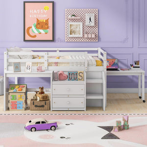 Full Size Loft Bed with Desk and Drawers, Wooden Loft Bed with Lateral Portable Desk, White