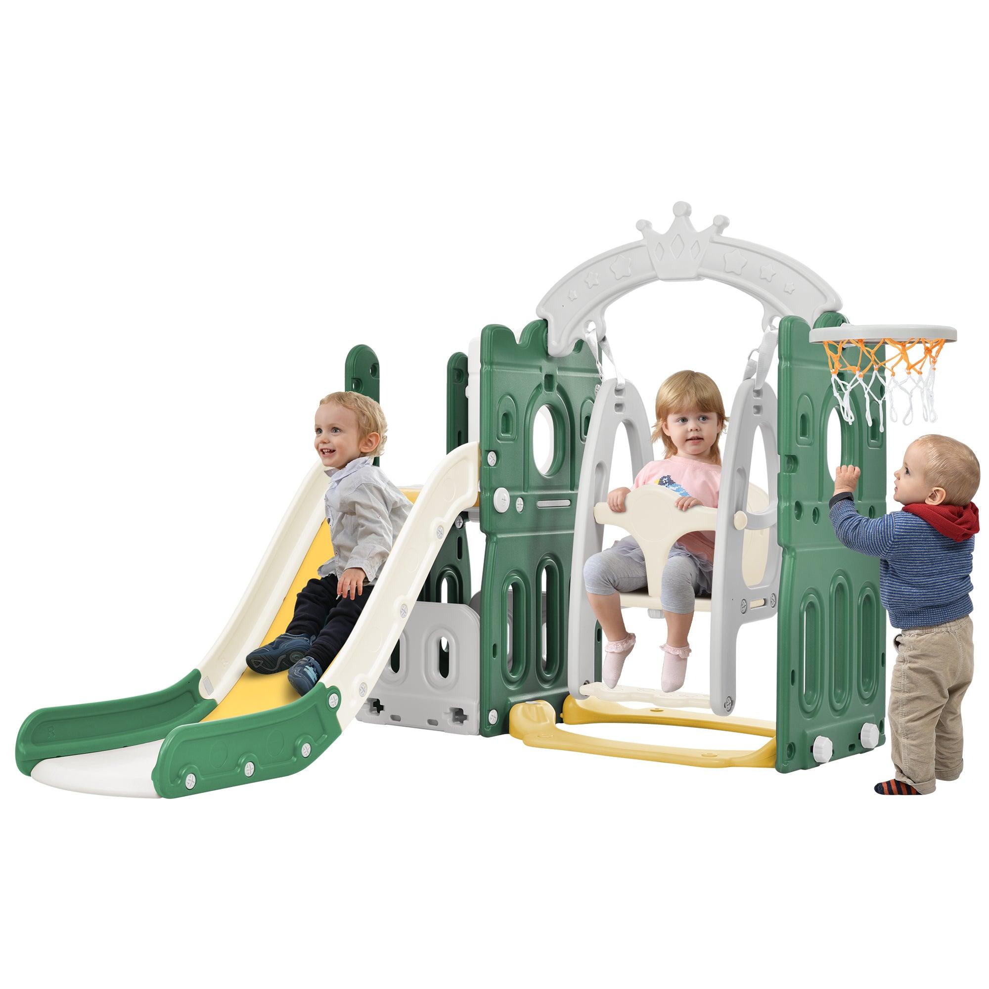 🆓🚛 Toddler Slide & Swing Set 5 in 1, Kids Playground Climber Slide Playset With Basketball Hoop Freestanding Combination for Babies Indoor & Outdoor