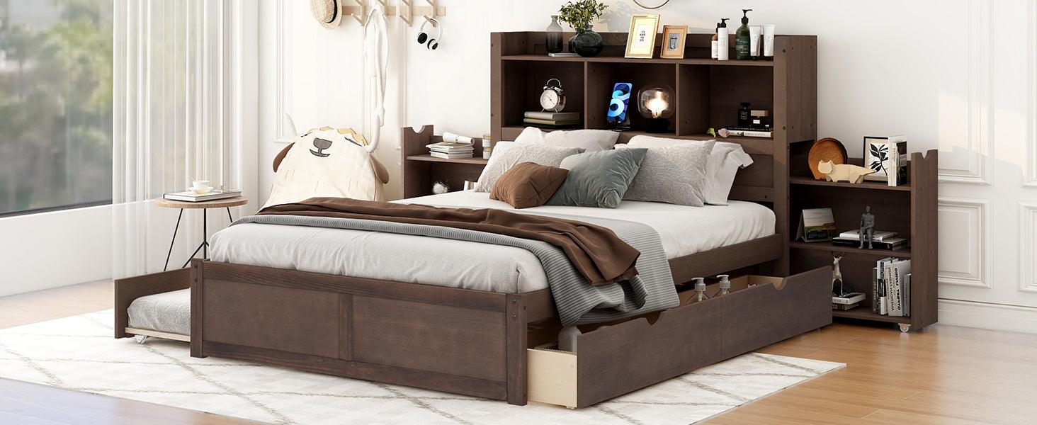 Full Size Storage Platform Bed with Pull Out Shelves, Twin Size Trundle and 2 Drawers, Espresso