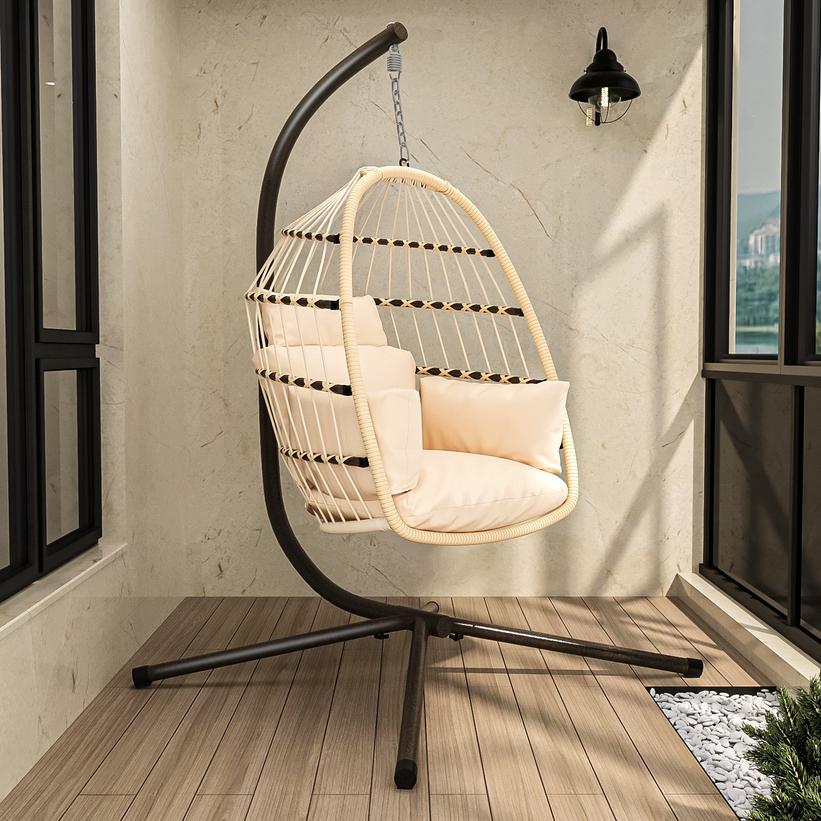 🆓🚛 Patio Foldable Hanging Swing Chair with Stand, Natural Color