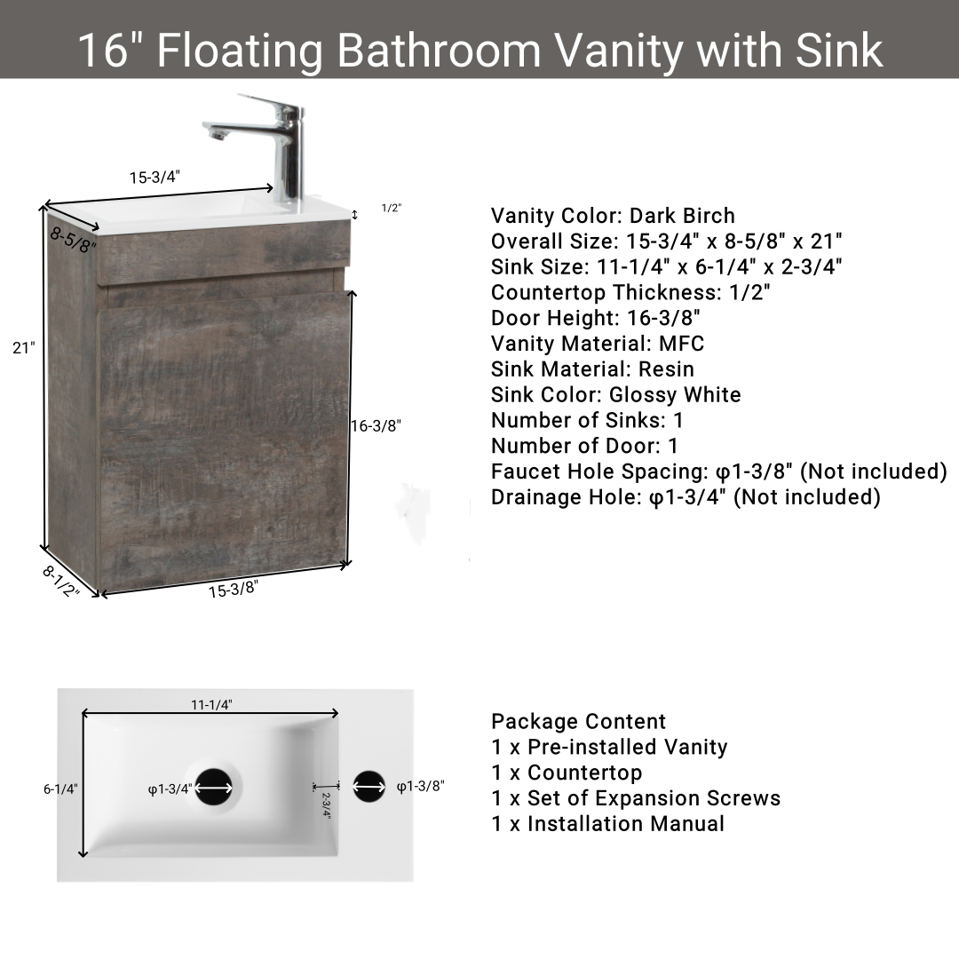 16" Floating Bathroom Vanity With Sink, Wall-Mounted Small Bathroom Storage Vanity Cabinet With Resin Top Basin and Soft Close Doors, Dark Birch 24V11-16Db