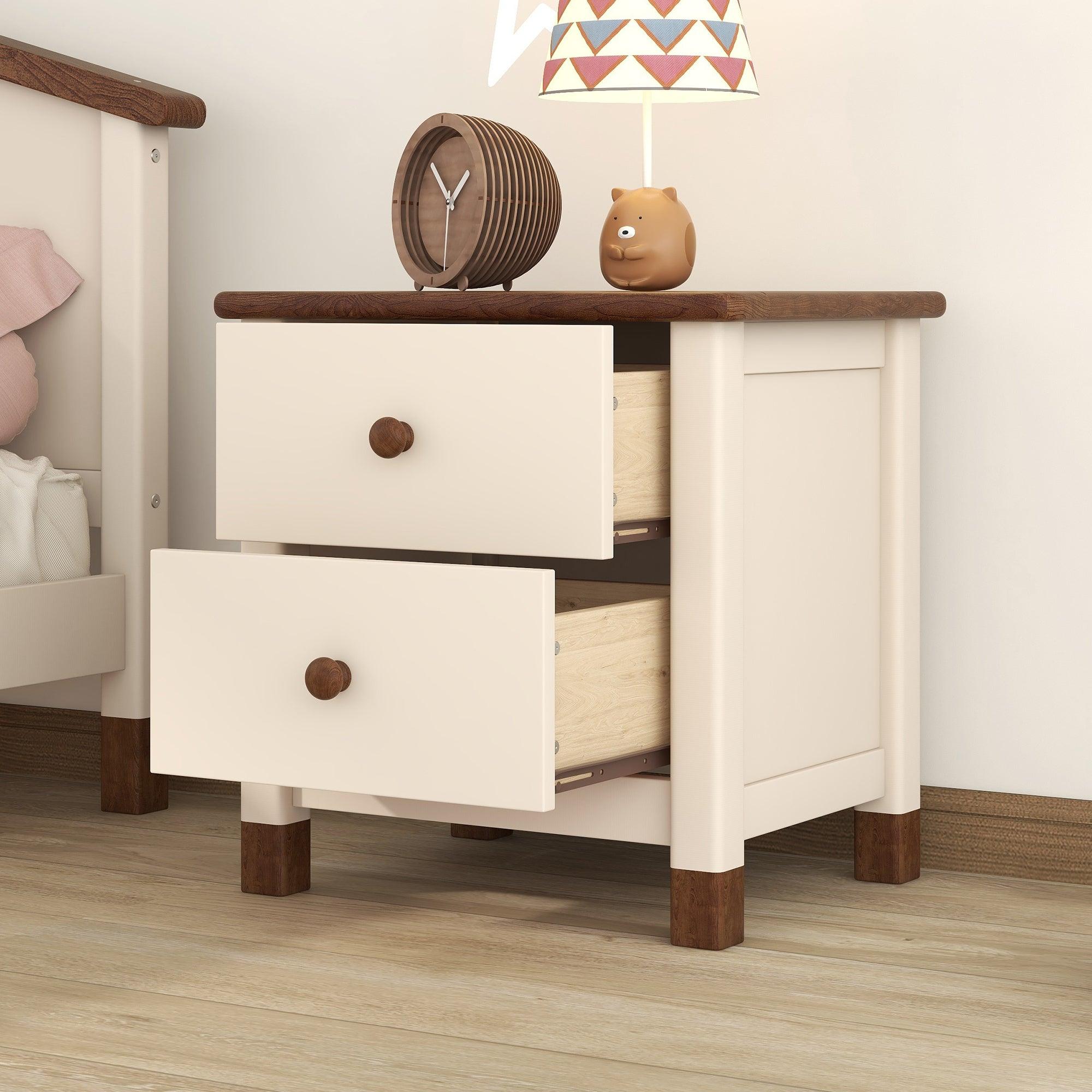 🆓🚛 Wooden Nightstand With Two Drawers for Kids, End Table for Bedroom, Cream+Walnut