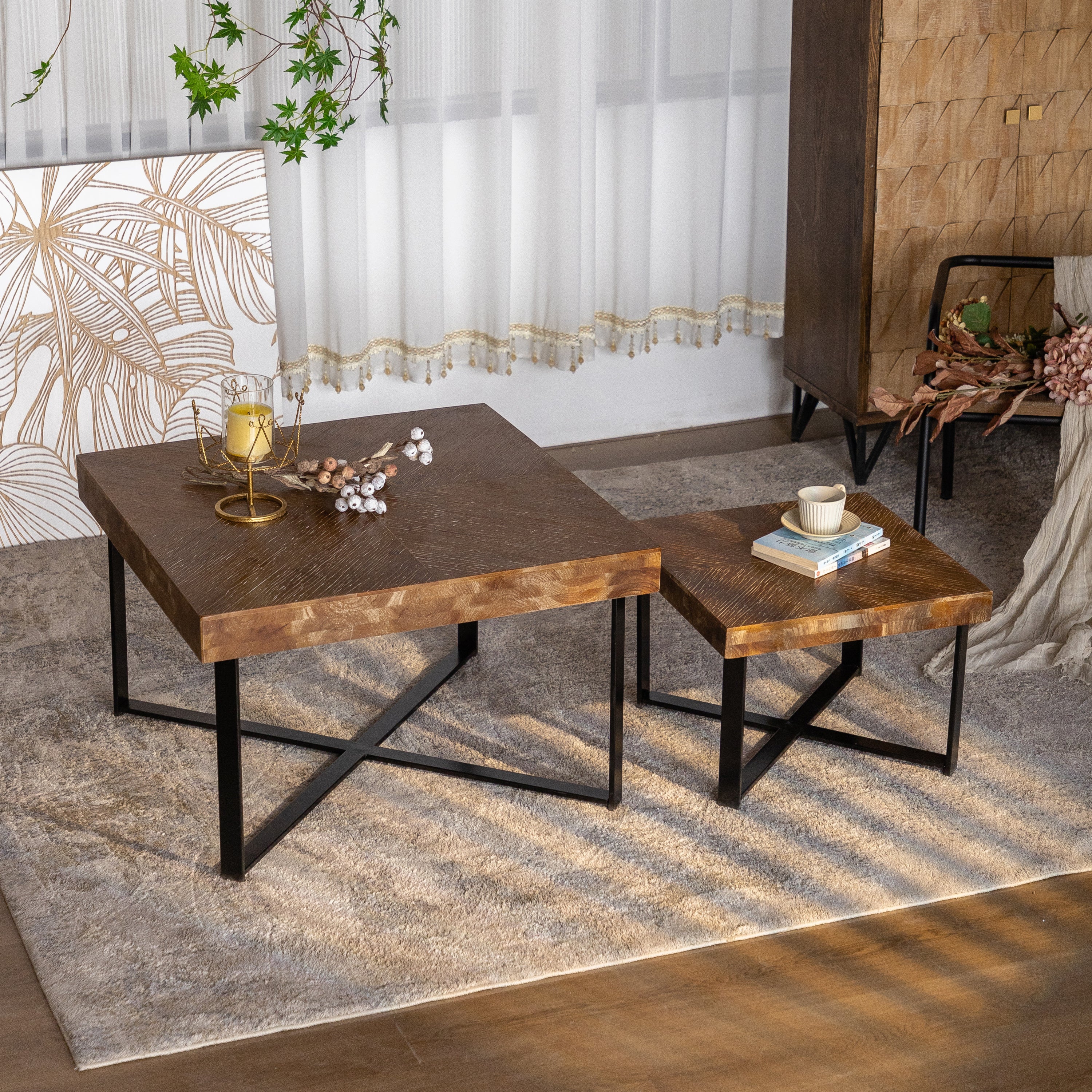 31.3" Modern Retro Splicing Square Coffee Table, Fir Wood Table Top With Cross Legs Metal Base (Set of 2 Pcs)